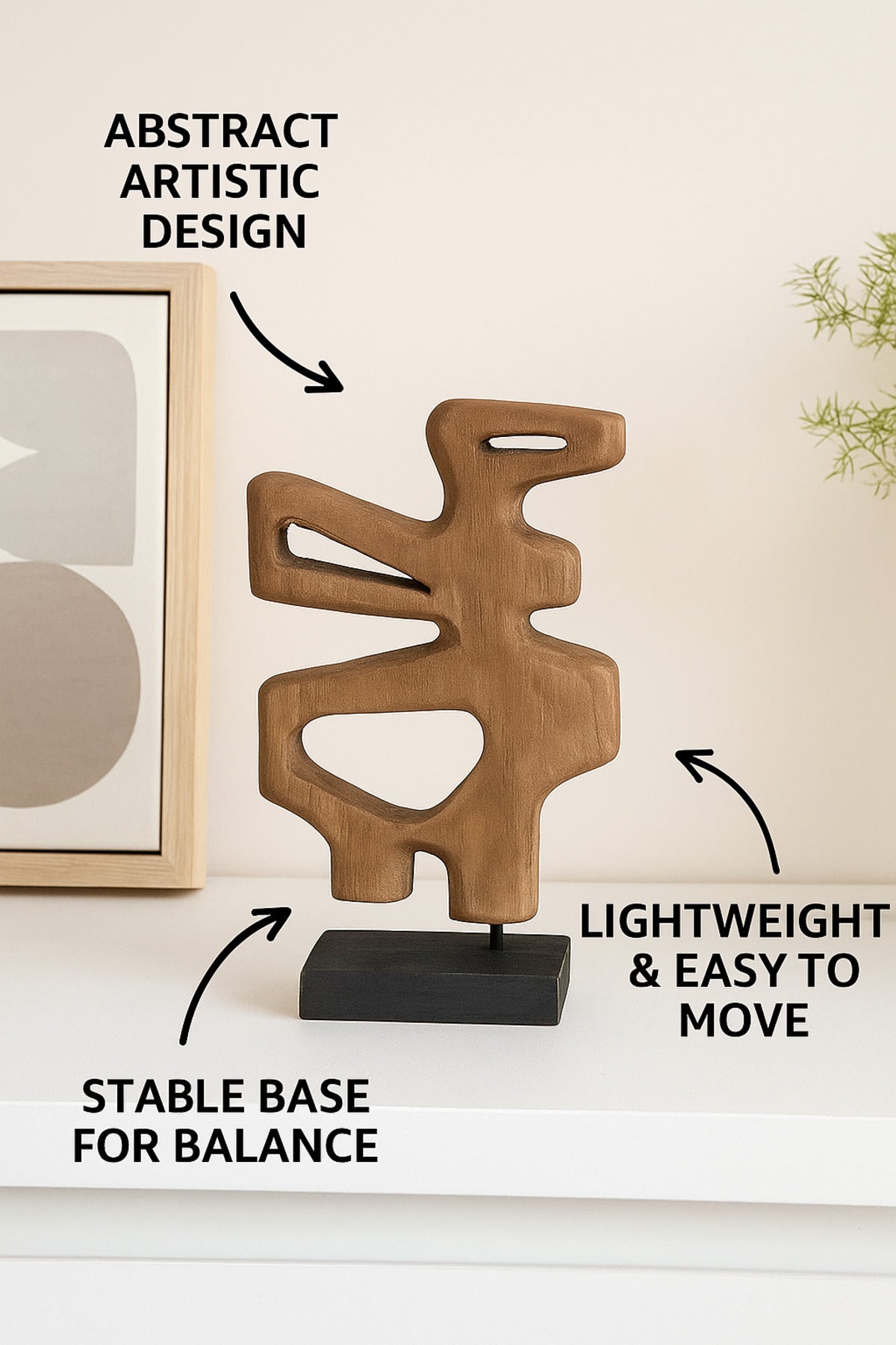 Walnut and Black Wooden Abstract Decorative Sculpture on Stand Ð Contemporary Art Accent