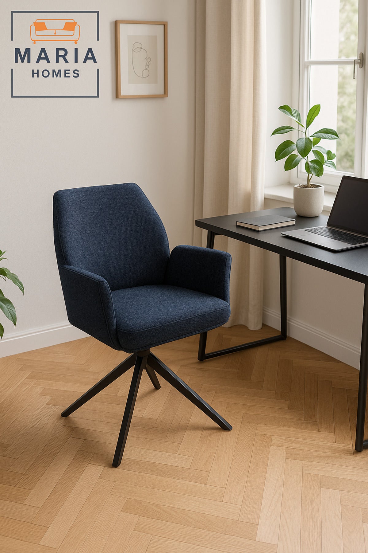 Dark Blue Swivel Armchair Ð Modern Fabric Upholstery with Sturdy Metal Base