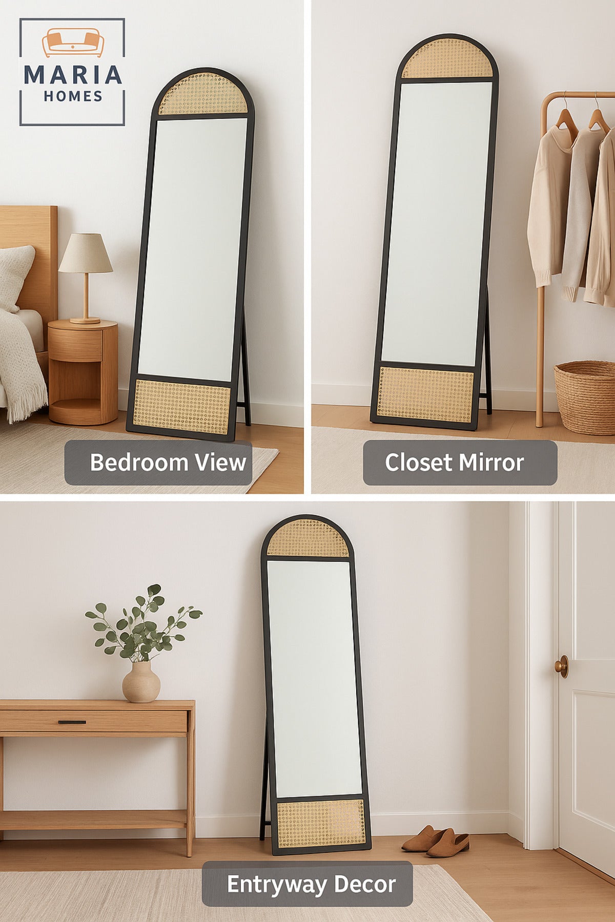 Arched Full-Length Black Wood Mirror Ð 170x40 cm with Rattan Accents