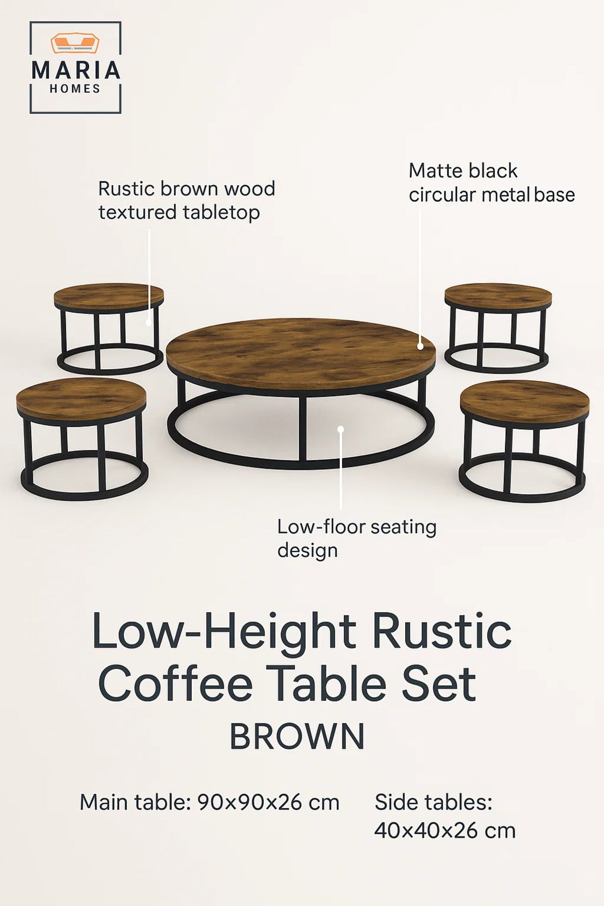Rustic Round Coffee Table Set √ê Vintage Wood Finish with Black Metal Frame Living Room 5Piece
