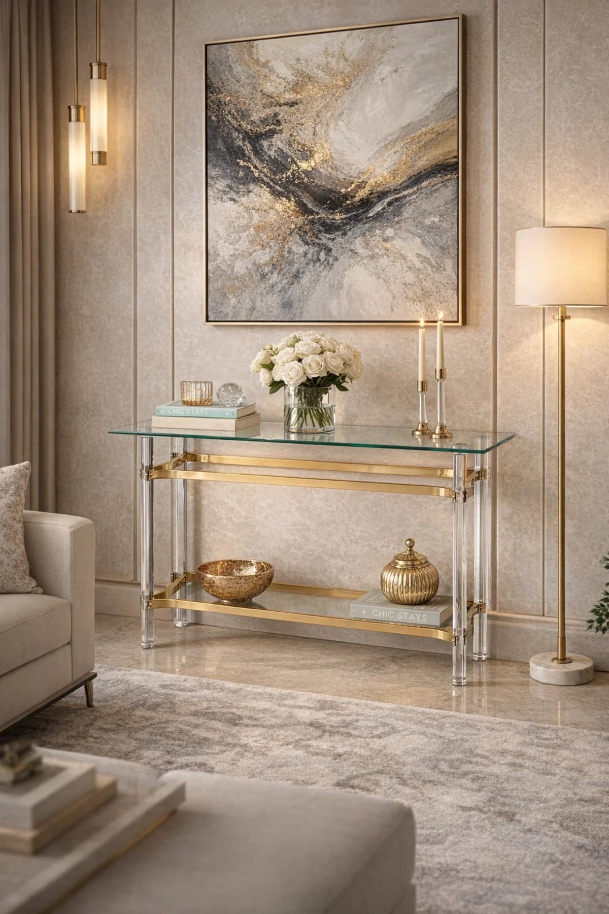 Premium Gold and Acrylic Console Table Modern Glass Top Entryway Furniture Stylish Hallway Stand