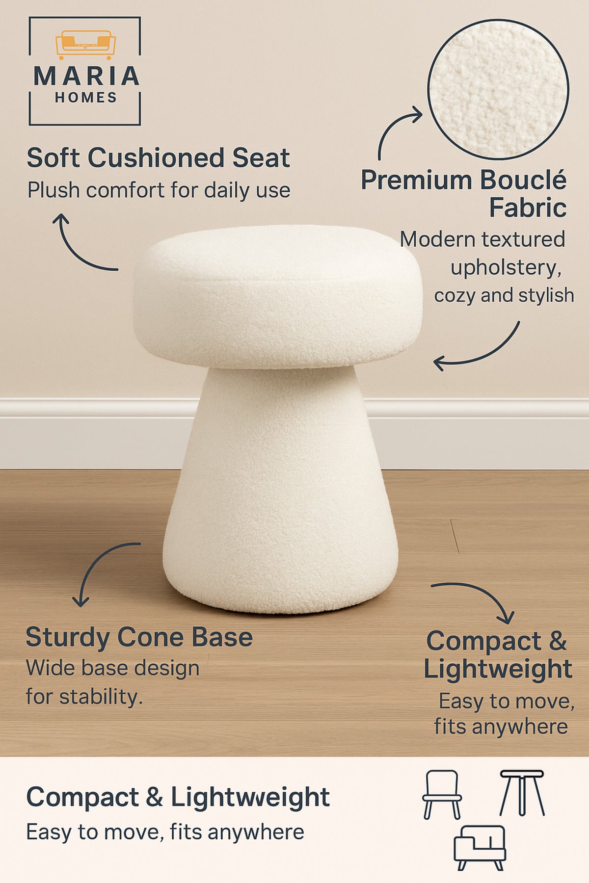 White BouclŽ Mushroom Stool Ð Modern Accent Ottoman for Living Room & Bedroom