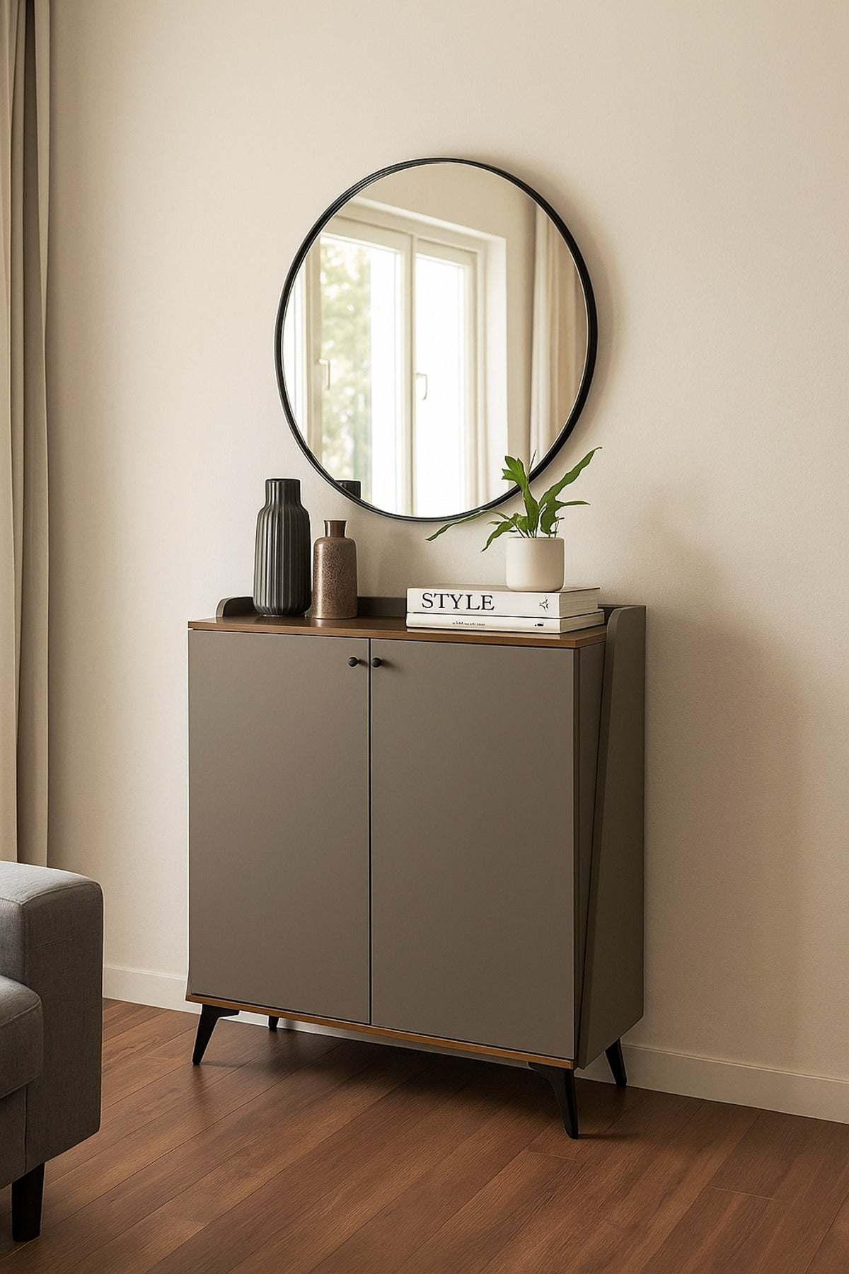 Modern Walnut Storage Cabinet Ð 2-Door Wooden Sideboard with Metal Legs 80_98_34 cm