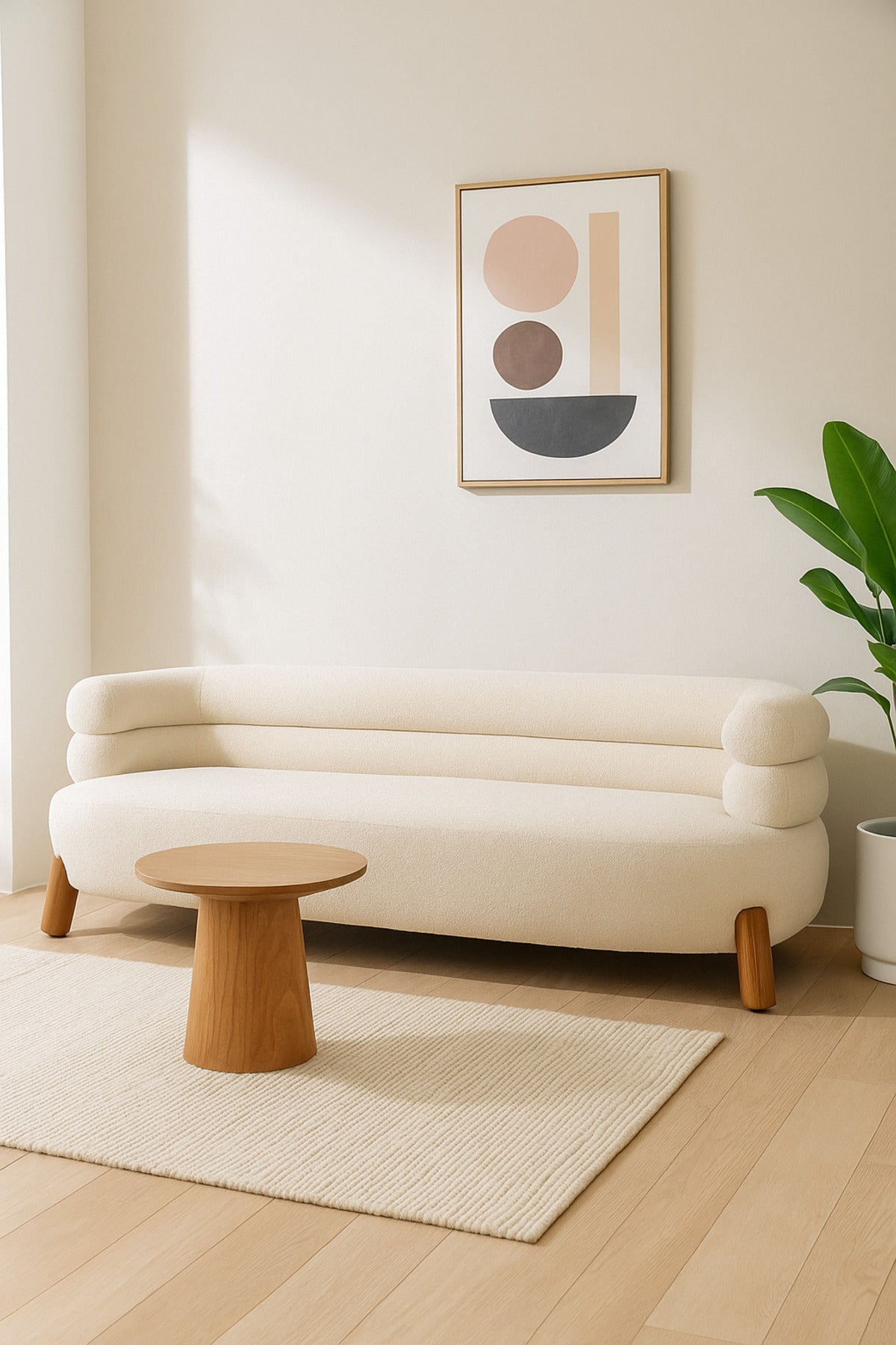 Modern Cream Bubble Sofa Ð Contemporary Fabric Couch with Rounded Backrest & Wooden Legs