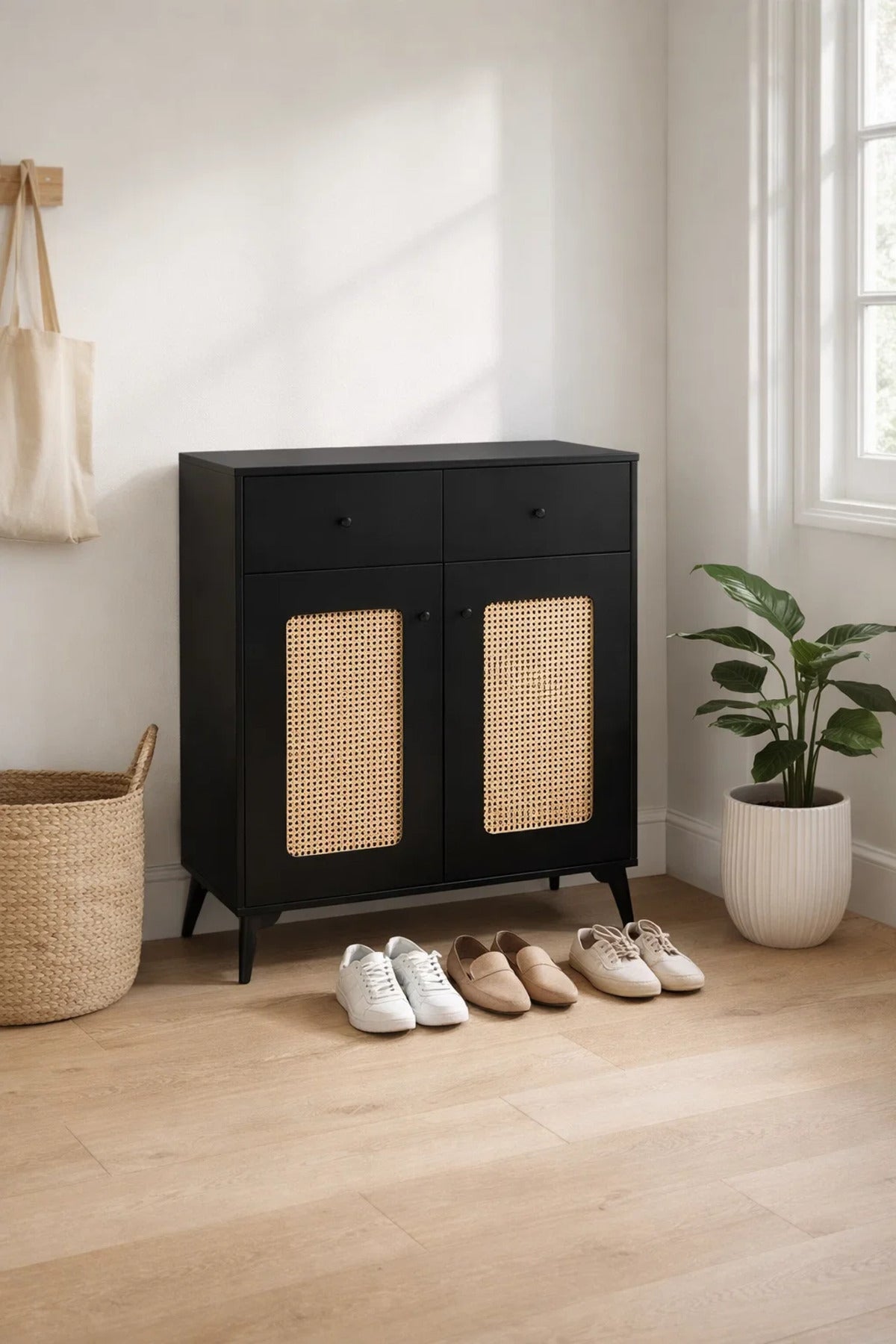 Modern Black Rattan Shoe Cabinet with Drawers Entryway Storage Organizer Console Table 80cm Wide