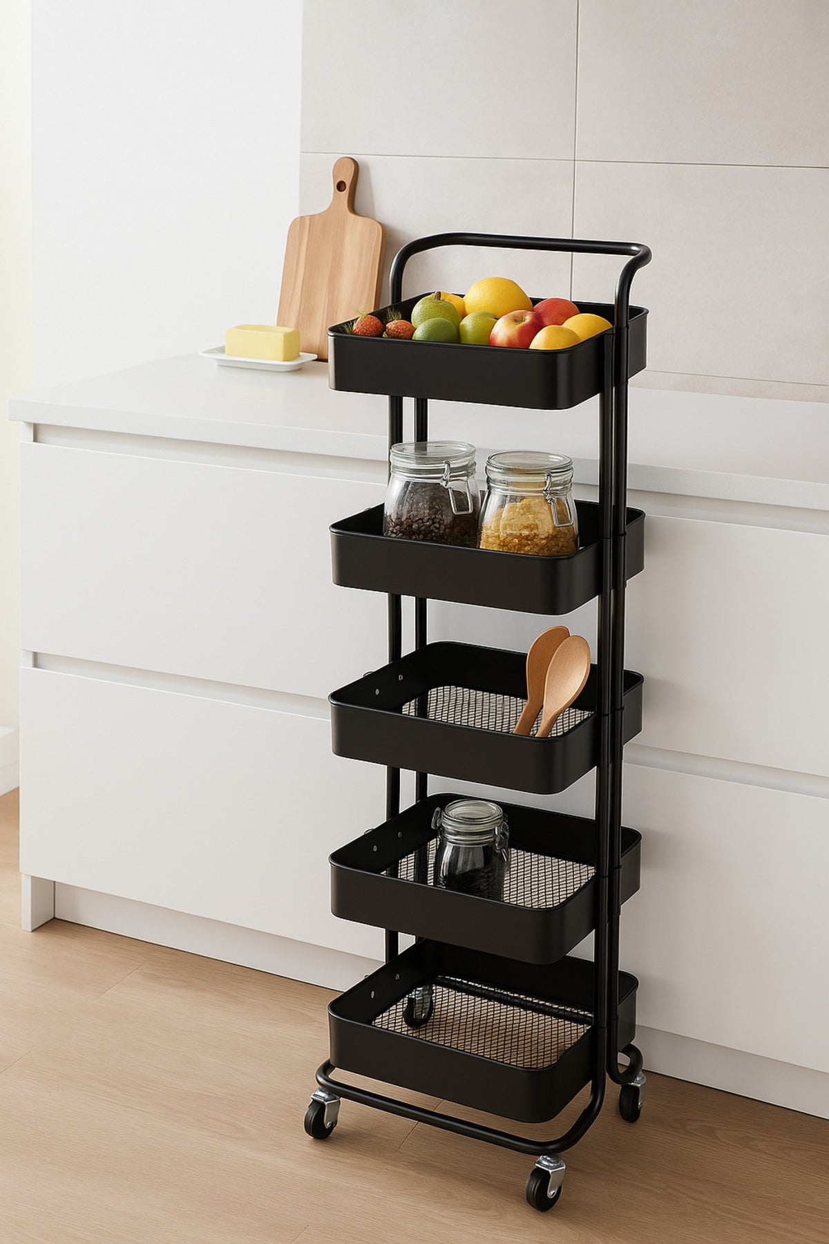 5-Layer Black Metal Storage Trolley with Wheels Ð Tall Multi-Purpose Rolling Organizer Cart