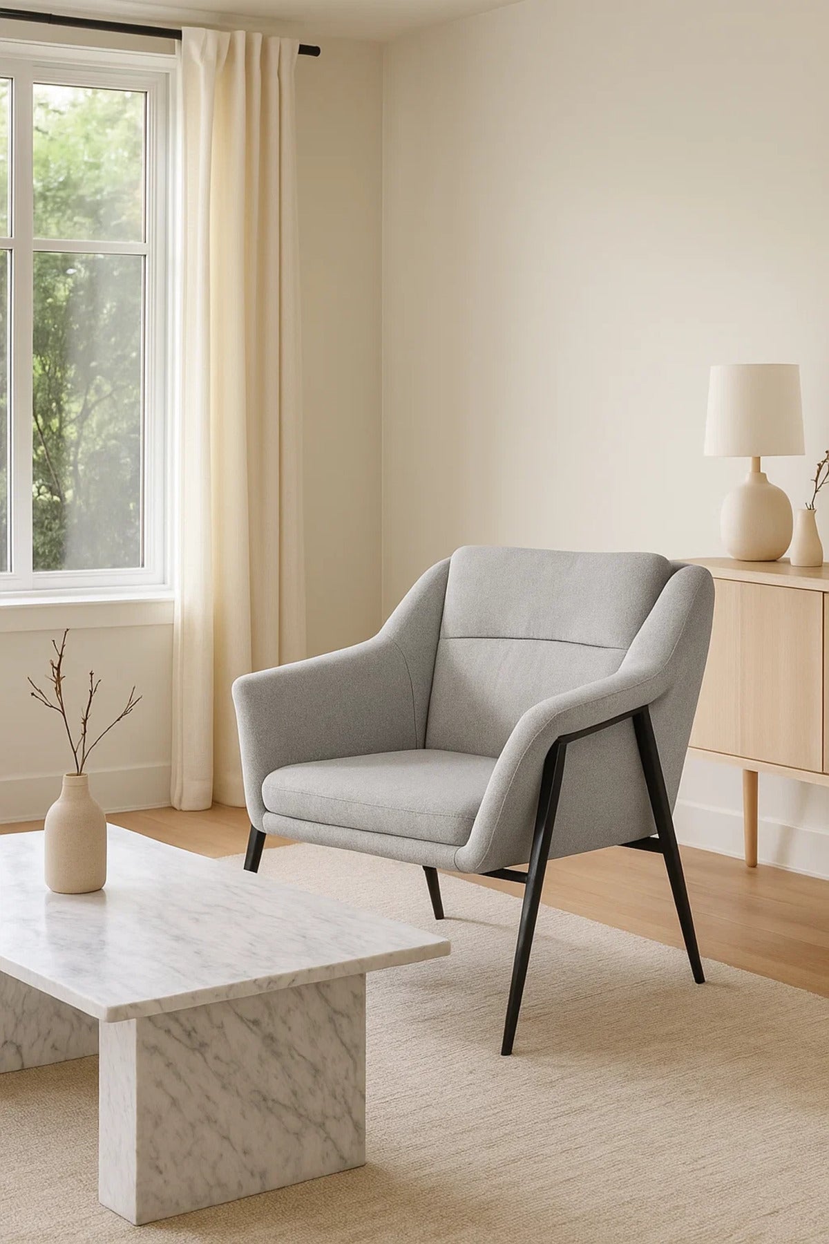Light Grey Fabric Lounge Chair, Modern Armchair for Living Room, Bedroom, Entryway & Office Cabin