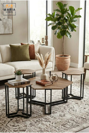 Modern Four-Piece Coffee Table Set with Hexagonal Wooden Tops and Three Nesting Side Tables, Space-Saving Accent Tables for Living Room and Lounge