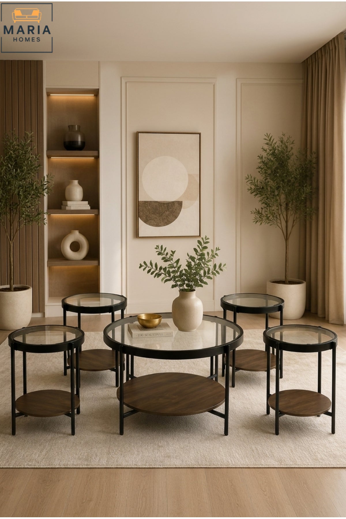 Modern Center Table Set – Glass Top with Metal Base, Living Room Coffee Table