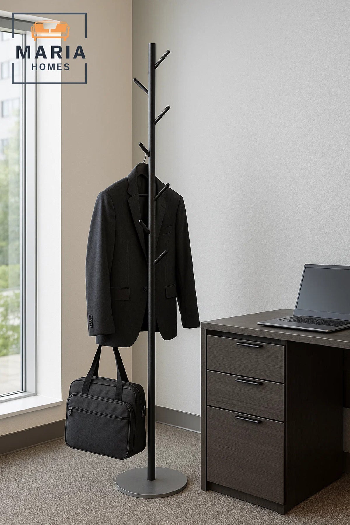 Minimalist Black Metal Coat Rack Stand with Concrete Base ÐHooks