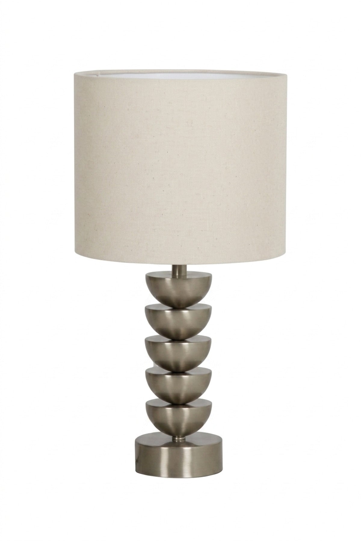 Modern Silver Table Lamp with Stacked Bowl Design and Fabric Drum Shade Decorative Bedside Light for Bedroom Living Room Office and Hotel Décor