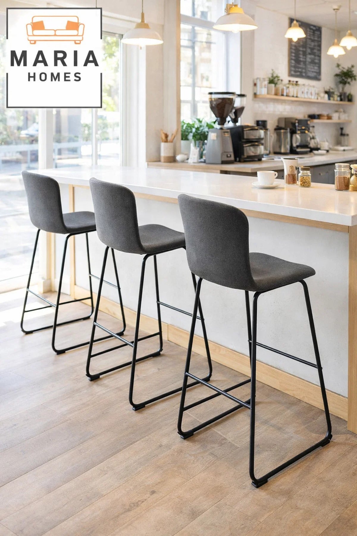 Grey Upholstered Bar Stool with Black Metal Frame Ð Modern Counter Chair