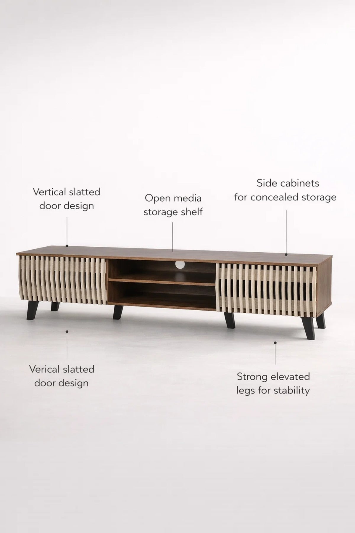 Modern Wooden TV Stand Dark Brown with Beige Slatted Design 160 x 40 x 43 cm