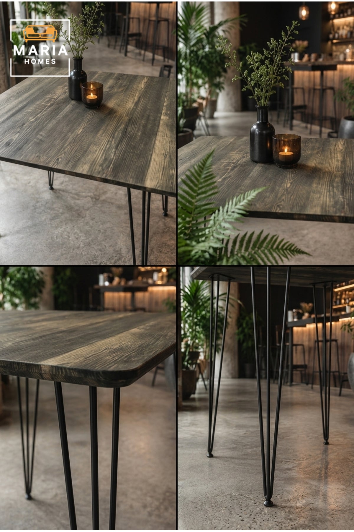 Industrial Square Dining Table Wooden Top Caf≈Ω Table Restaurant Table with Black Metal Legs