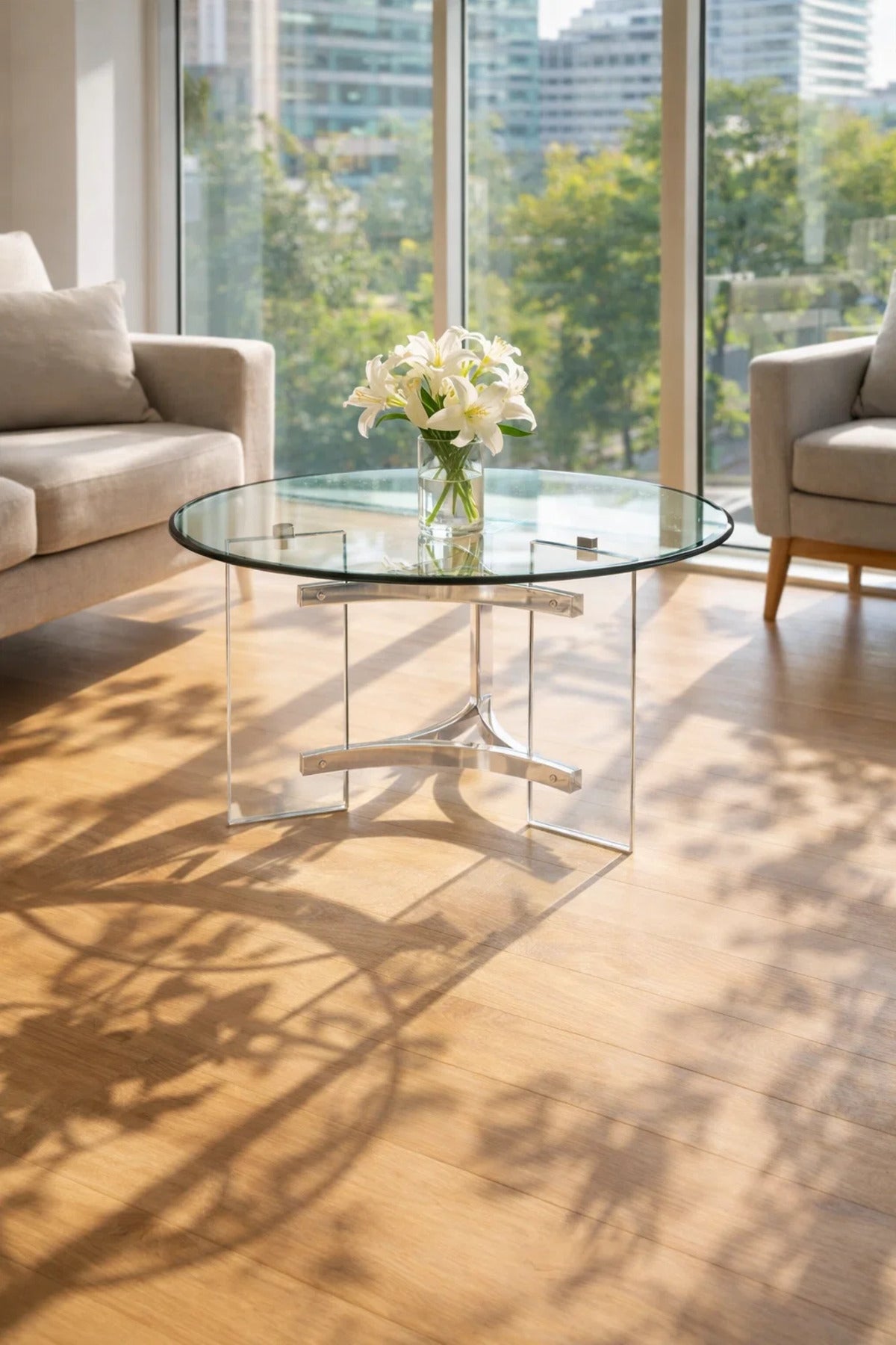 Luxury Round Glass Center Table with Transparent Acrylic Base and Silver Details for Home 90cm