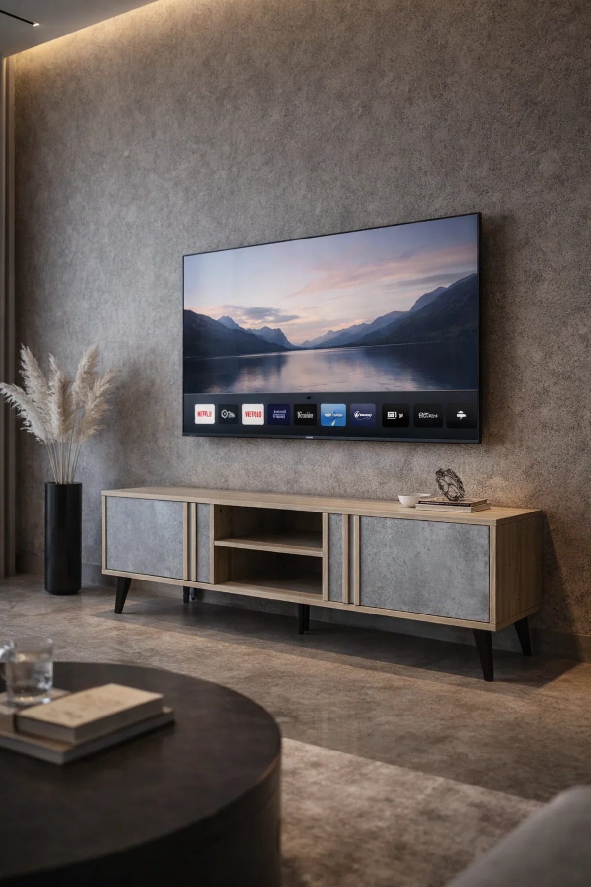 Modern TV Unit Wood and Grey 140cm Entertainment Center with Cabinets and Open Shelves
