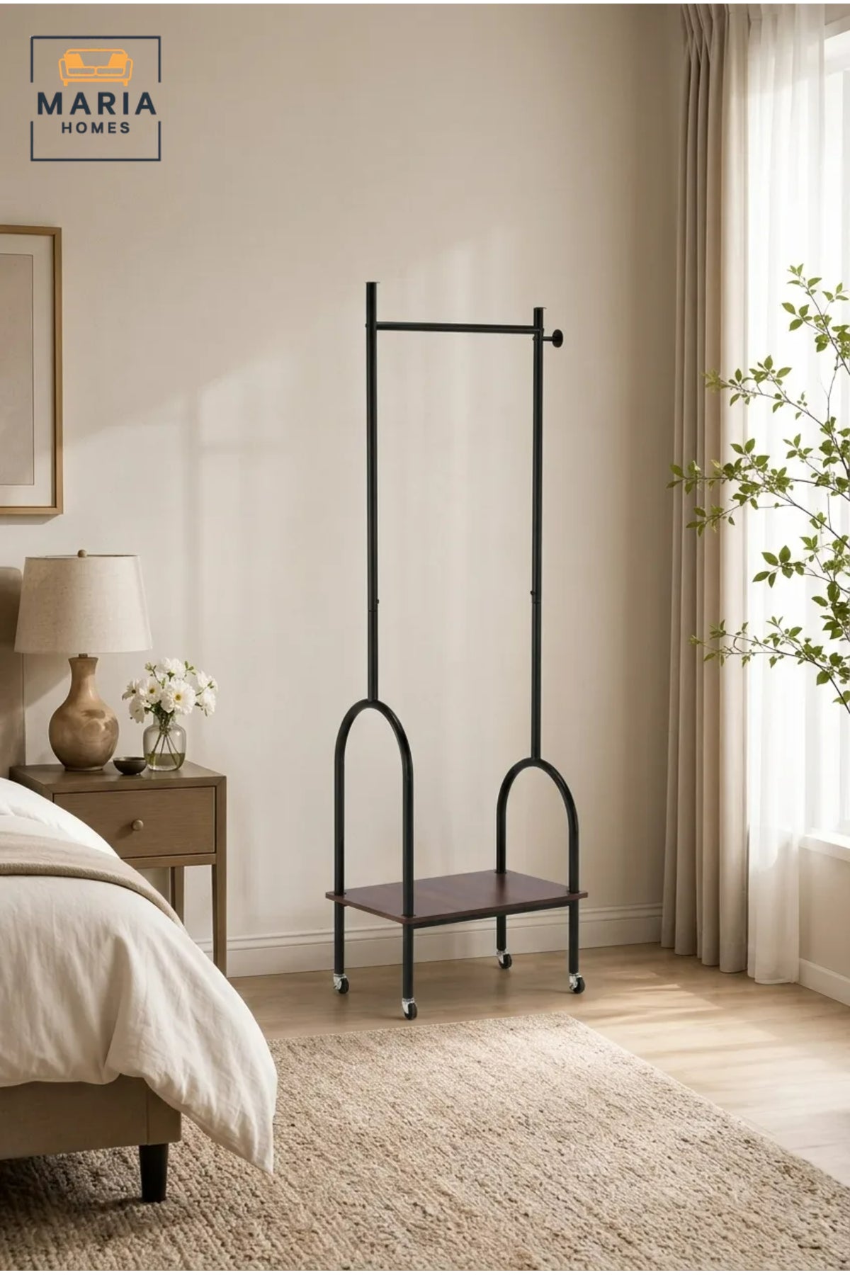Industrial Rolling Garment Rack with Wooden Shelf and Wheels √ê Modern Clothing Organizer & Coat Stand