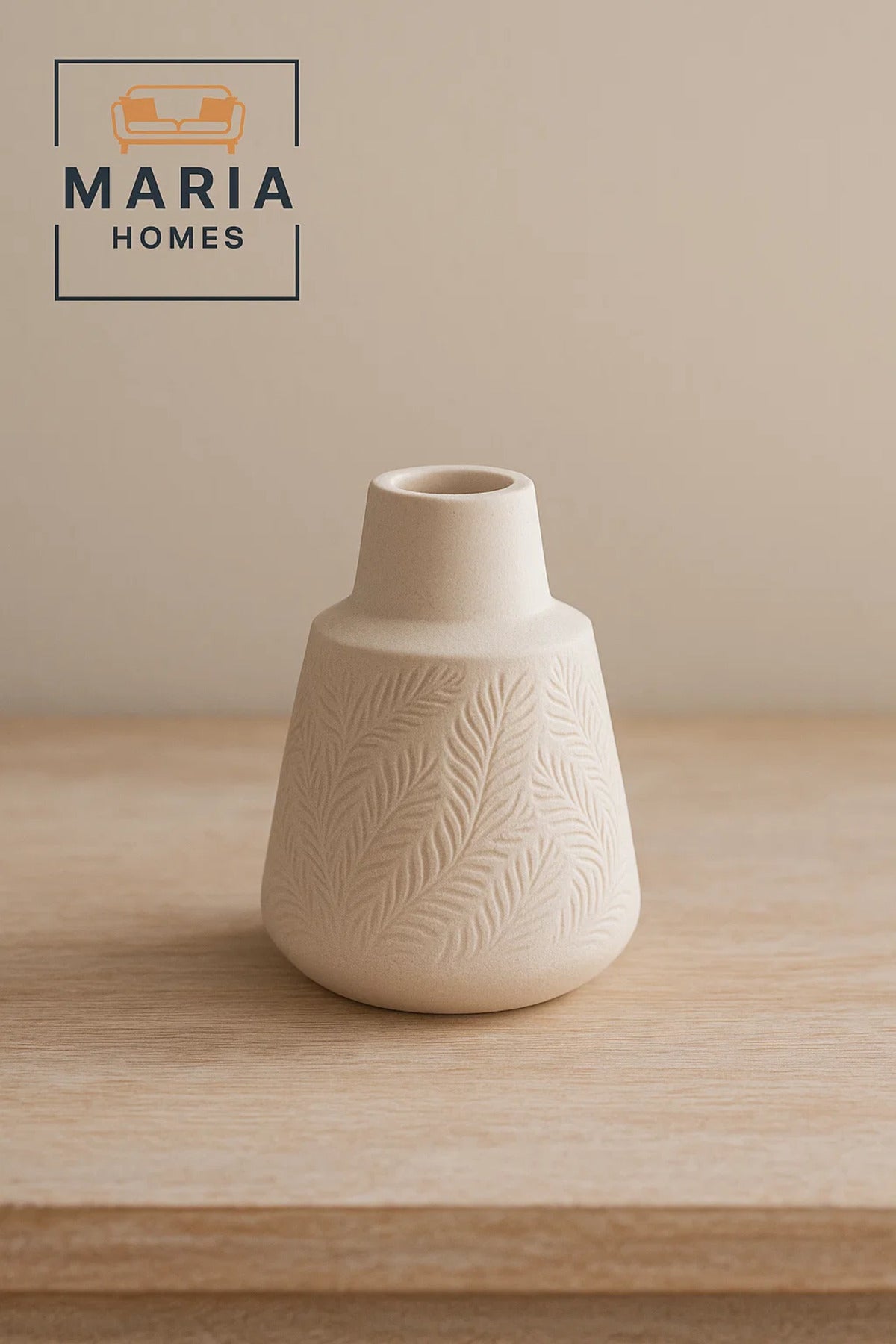 Textured White Ceramic Vase with Embossed Leaf Motif