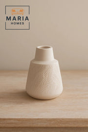Textured White Ceramic Vase with Embossed Leaf Motif