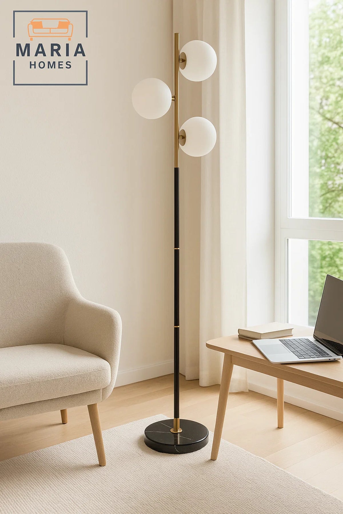 Black and Gold Floor Lamp with Three Globe Lights