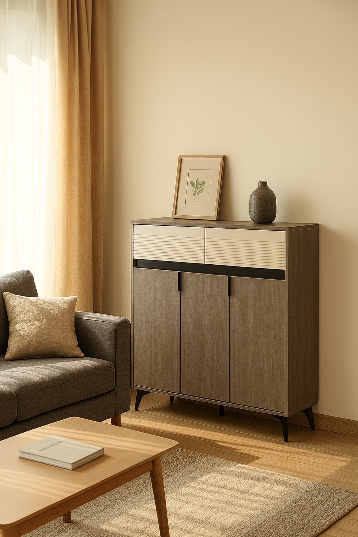 Large Modern Grey & Cream Storage Cabinet Ð 3-Door Sideboard with Drawers 120_33_99 cm