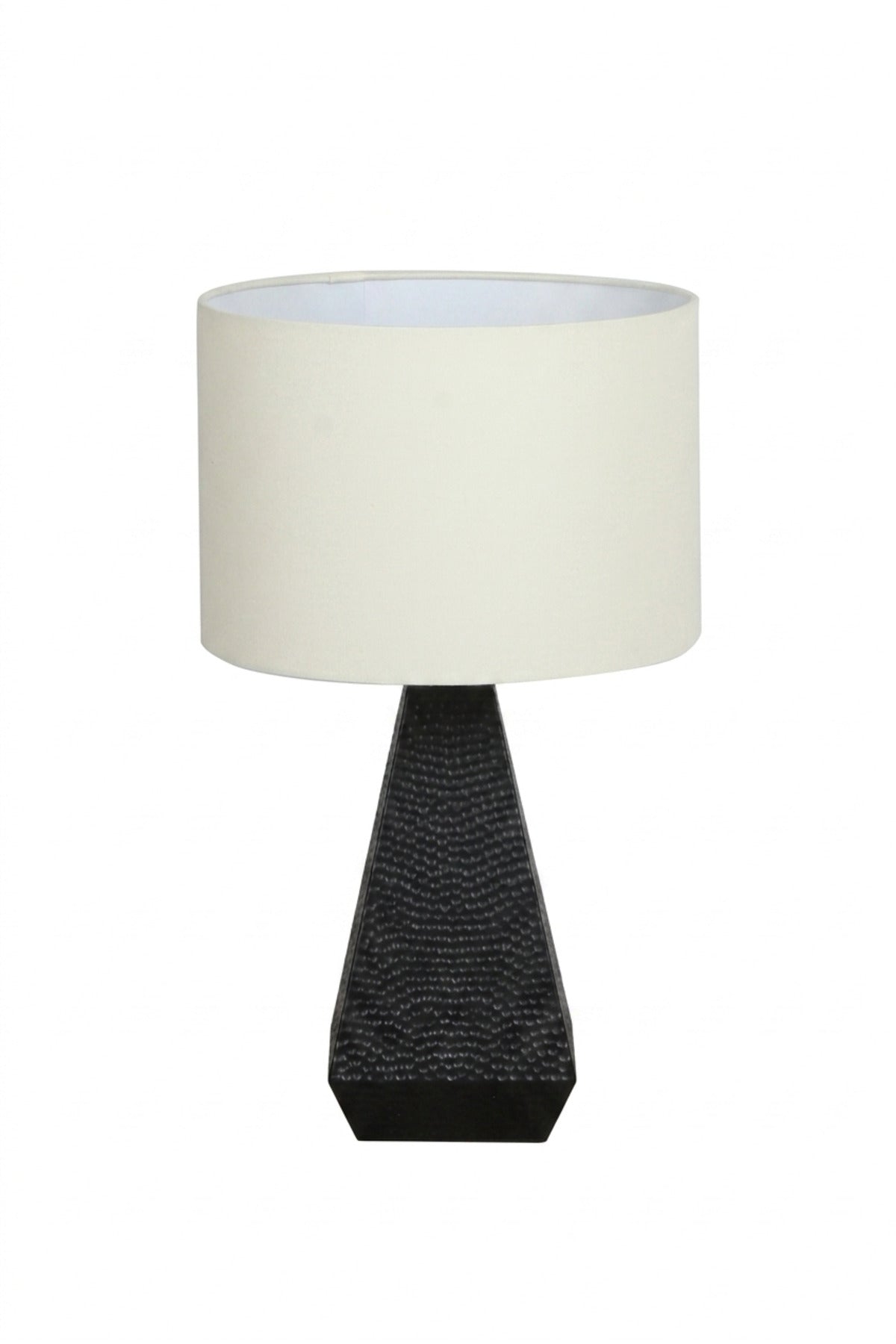 Modern Black Textured Table Lamp with White Drum Fabric Shade and Geometric Tapered Base for Bedroom, Living Room, Office, Hotel and Bedside Décor