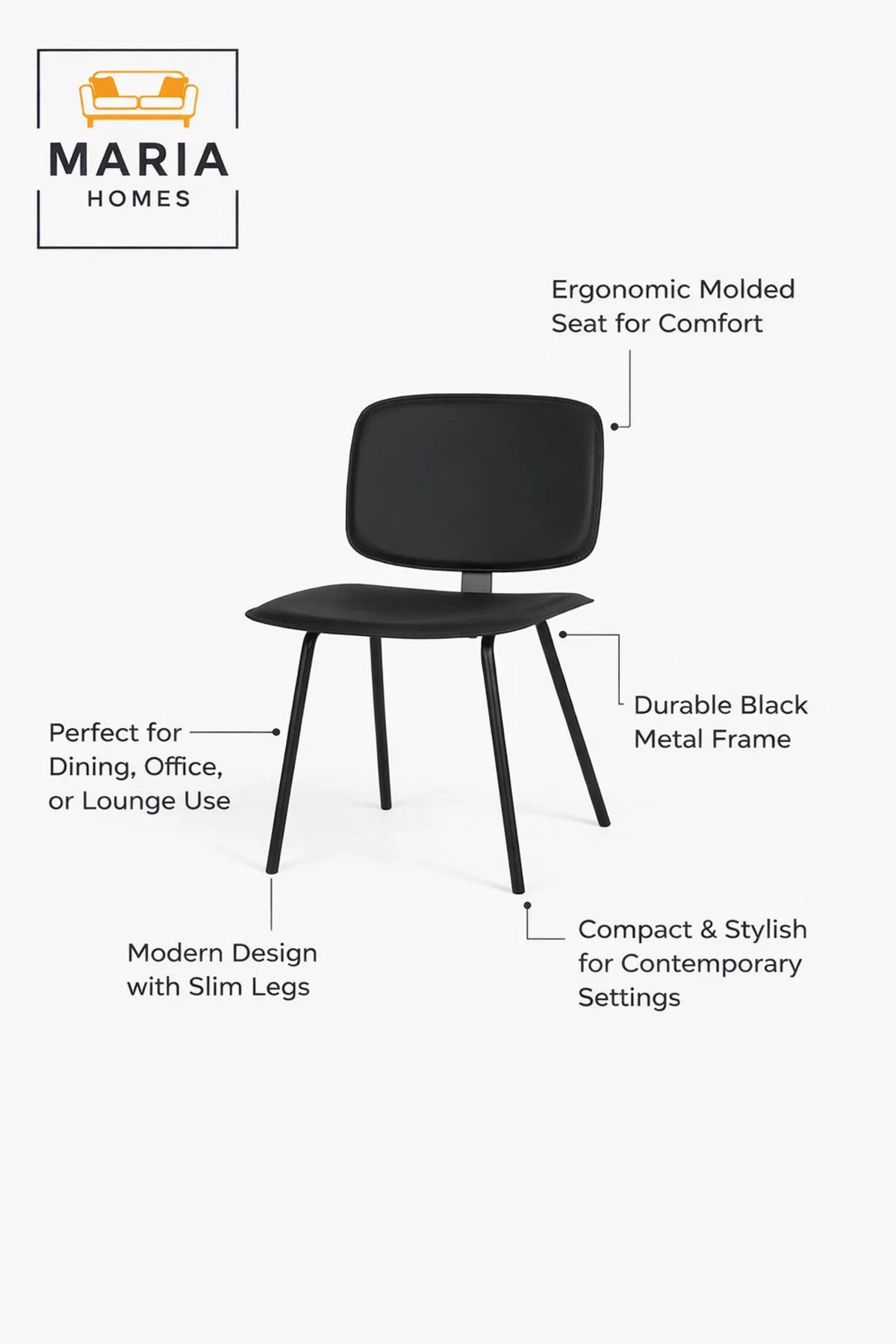 Black Dining Chair, Modern Comfortable Chair, Sturdy Metal Frame Chair
