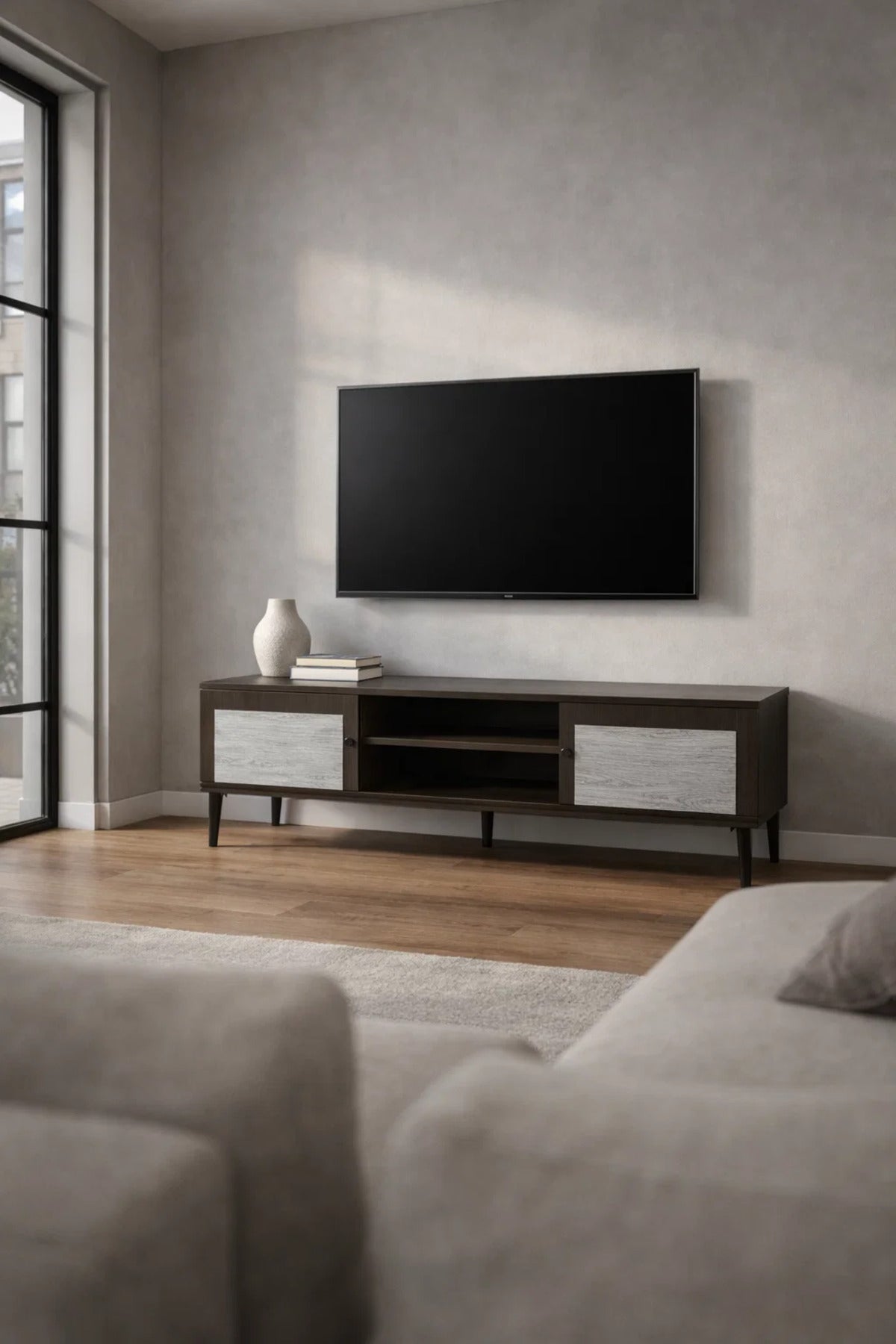 Brown & Grey TV Stand √ê 160x40x45 cm Modern Plasma Table with Cabinets & Shelves