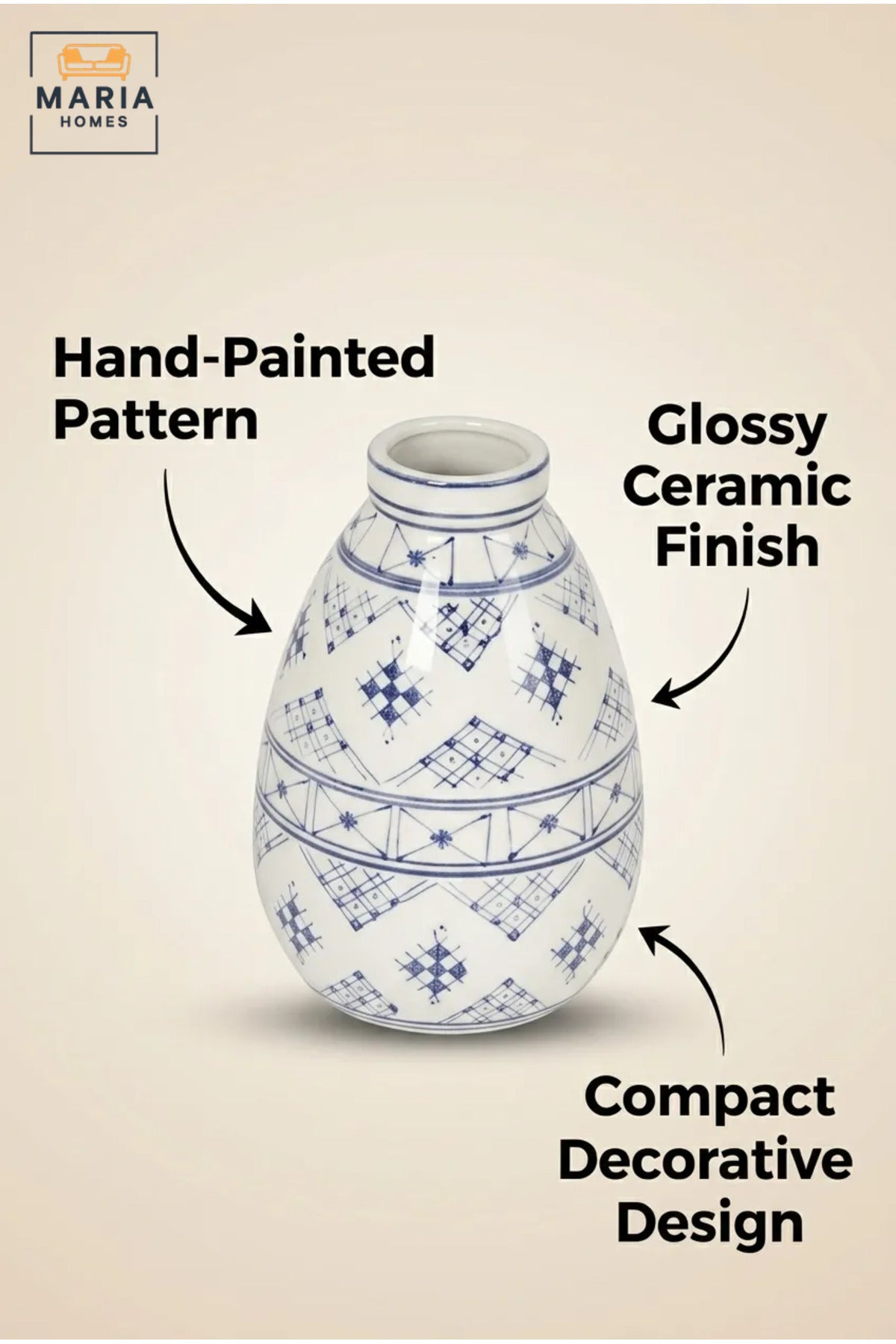 Blue and White Patterned Decorative Vase, Modern Ceramic Teardrop Flower Holder with Geometric Design for Living Room, Bedroom, Shelf and Table Décor