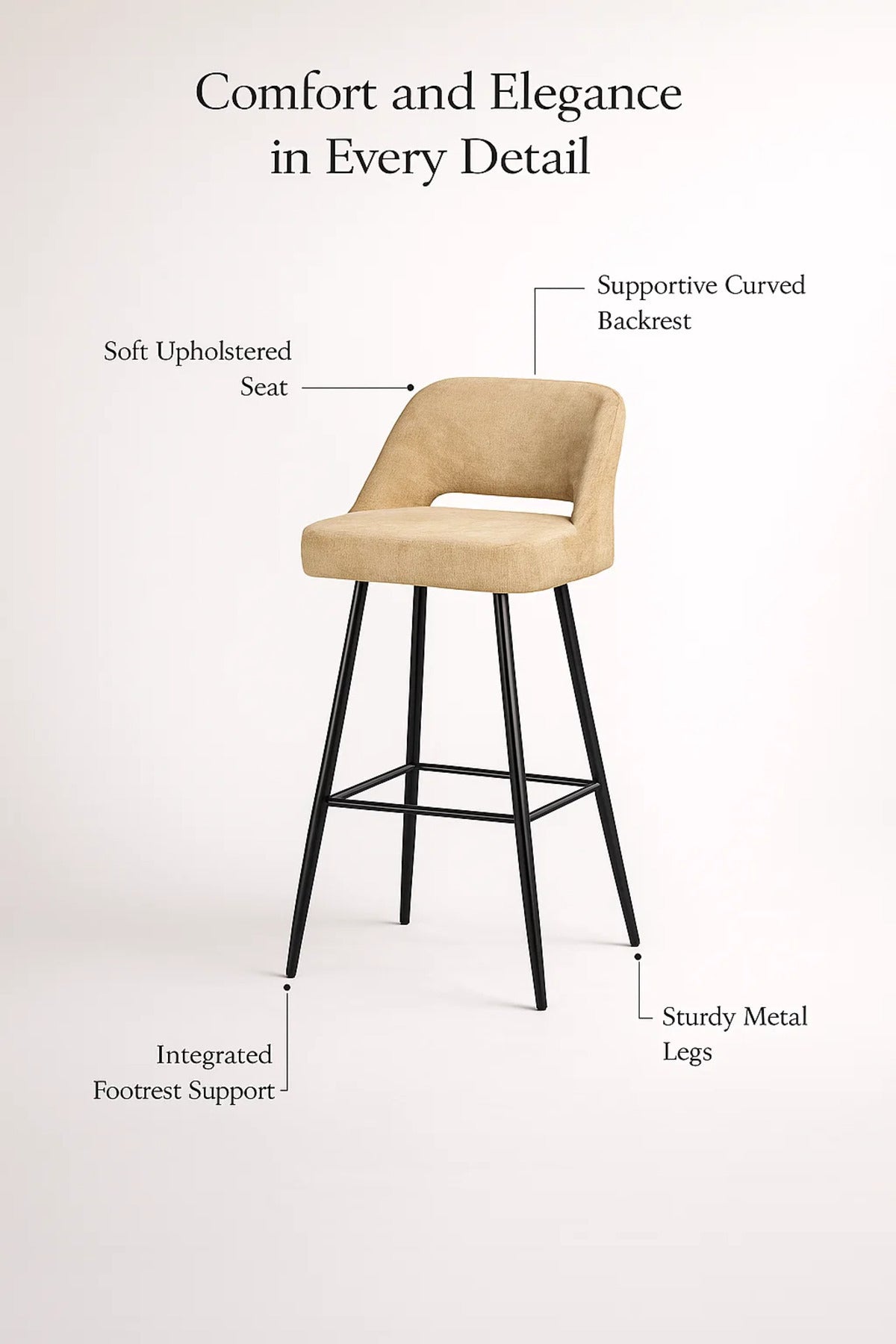 Modern Upholstered Bar Chair Yellow High Stool with Metal Legs