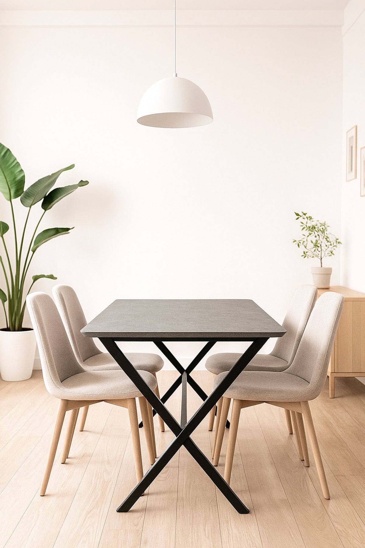 Modern Grey Dining Table Ð 150_90_77 cm | Stone Finish Tabletop with Black Cross Metal Legs
