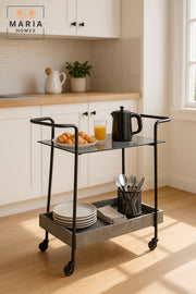 Gray Bar Trolley with Gray Glass Top Ð Modern Serving Cart with Wheels 70_45_85 cm