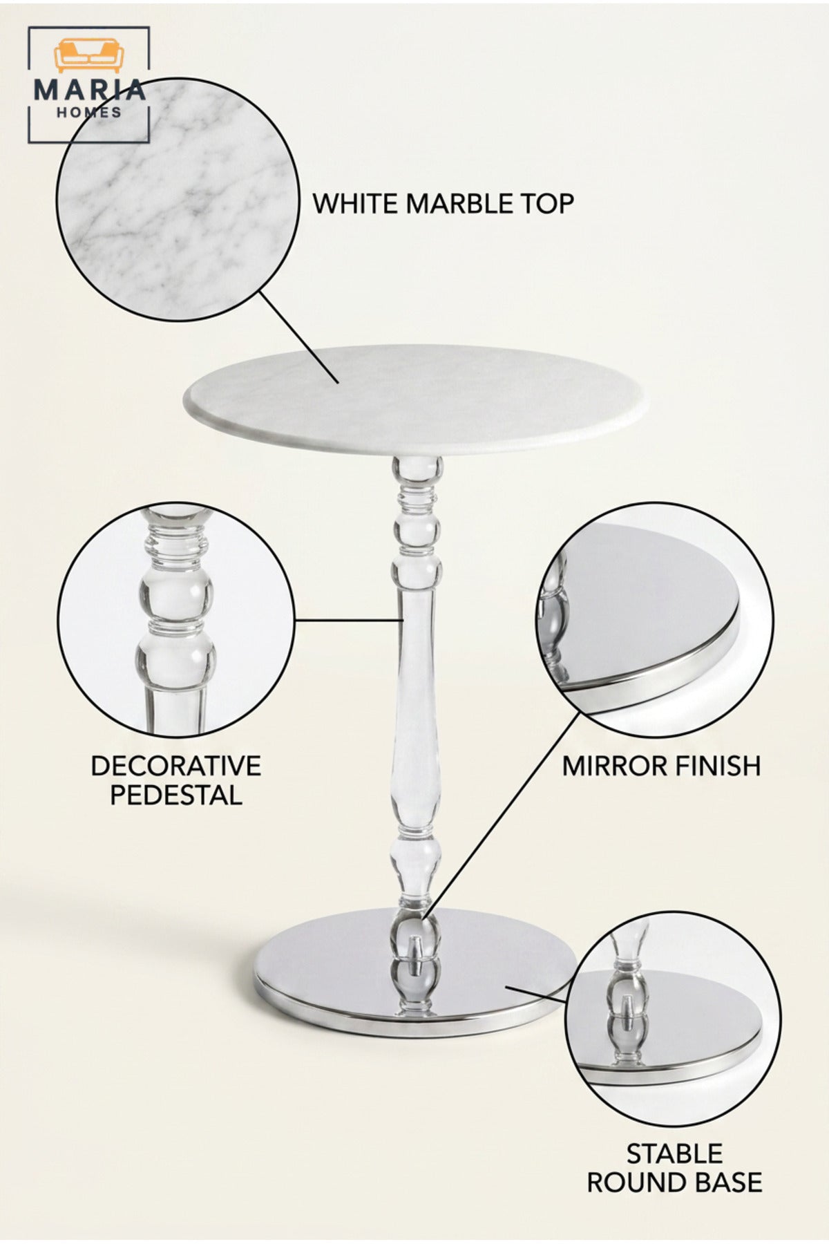 Modern Round Side Table with White Marble Top, Polished Silver Pedestal & Mirrored Base, Luxury Accent End Table for Living Room Bedroom Sofa Lounge