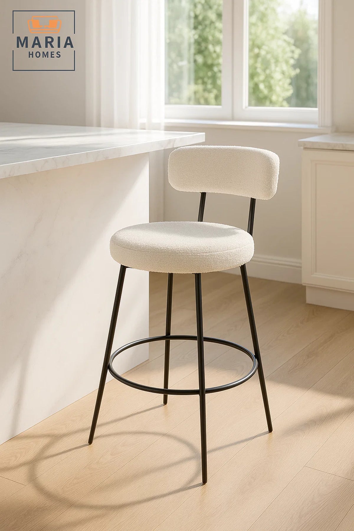 White Boucle Counter Bar Stool with Metal Frame, Upholstered Round Seat for Kitchen Island