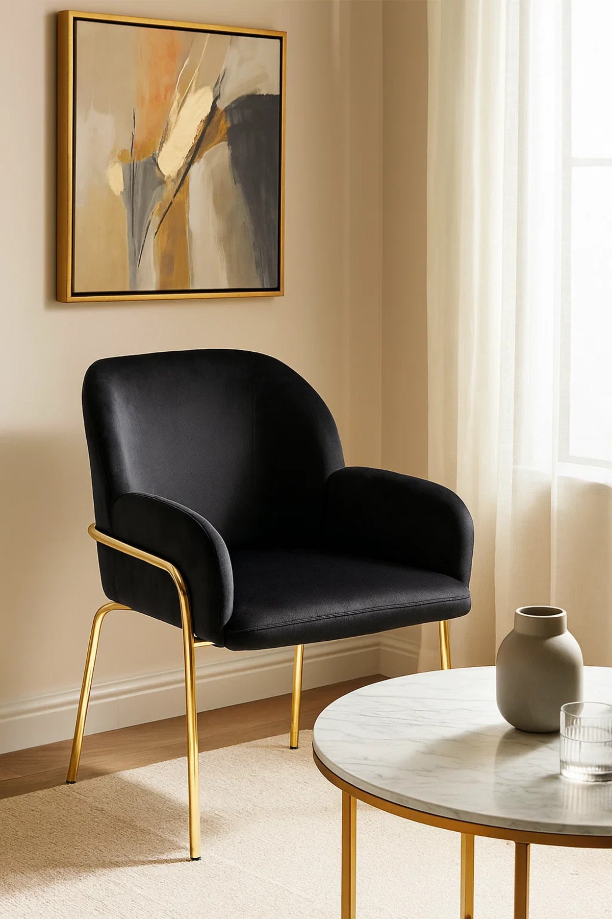 Modern Black Velvet Accent Chair with Gold Metal Legs, Comfortable Upholstered Dining & Office Chair