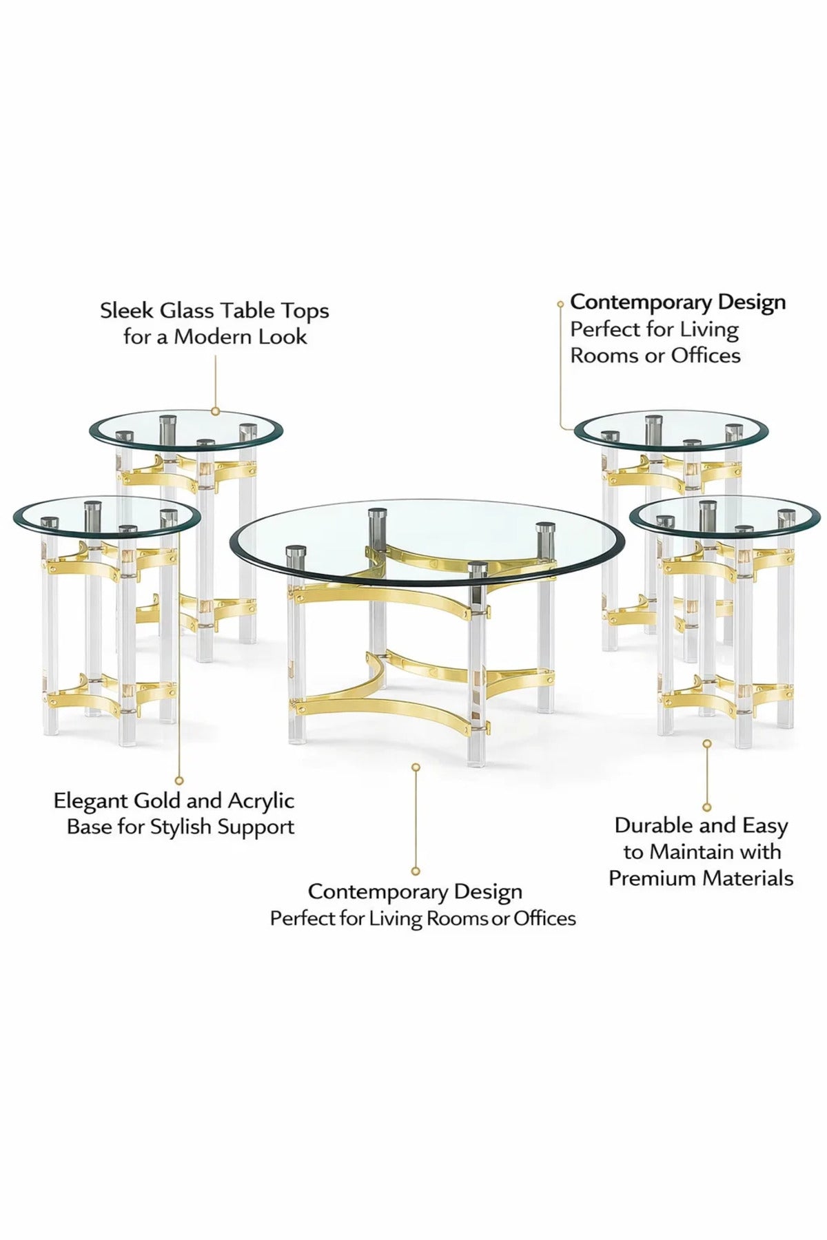 Luxury 5-Piece Glass Coffee Table Set with Gold Acrylic Base √ê Modern Design for Living Room