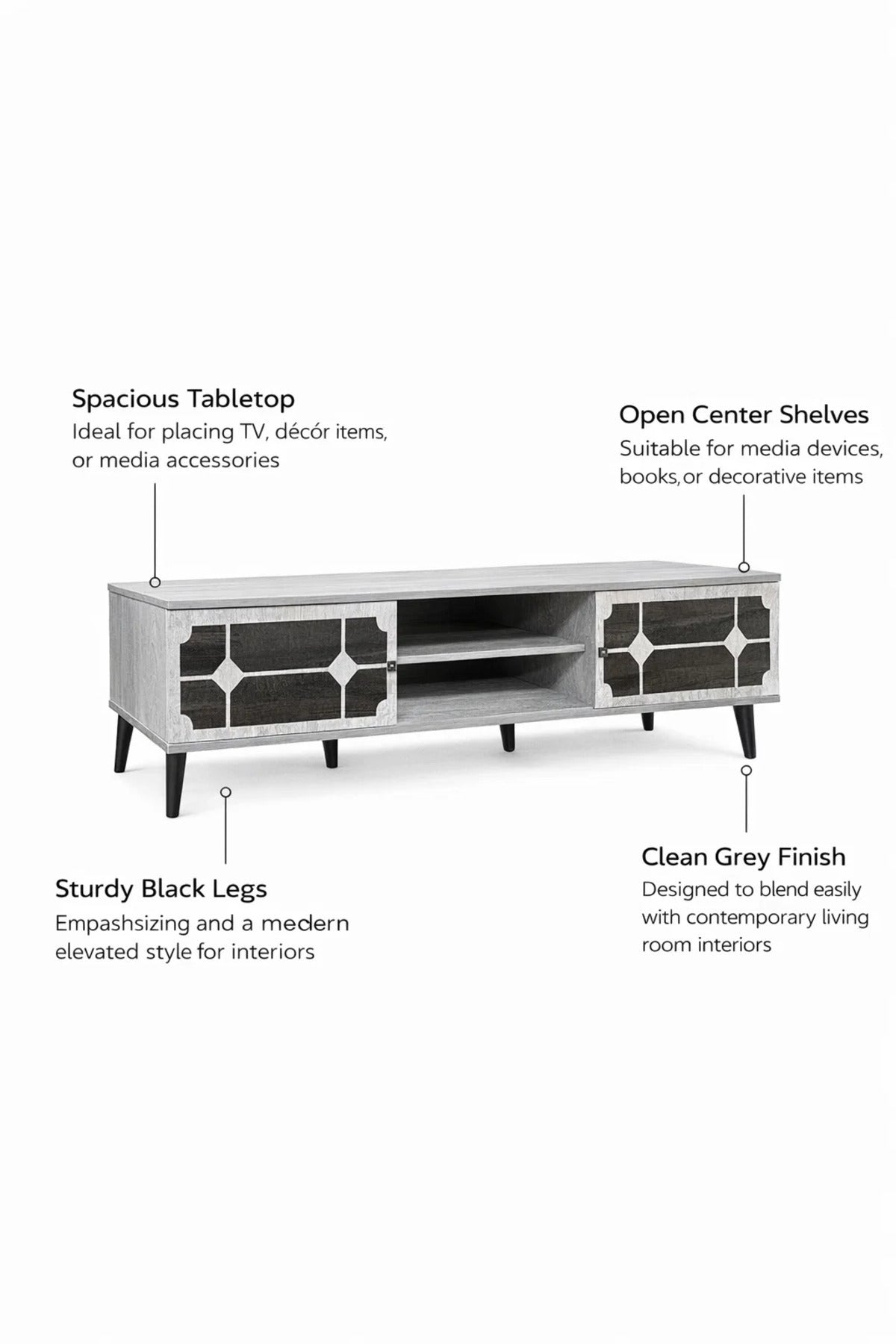 Stylish Grey TV Unit with Storage Shelves and Modern Cabinet Doors for Living Room Entertainment