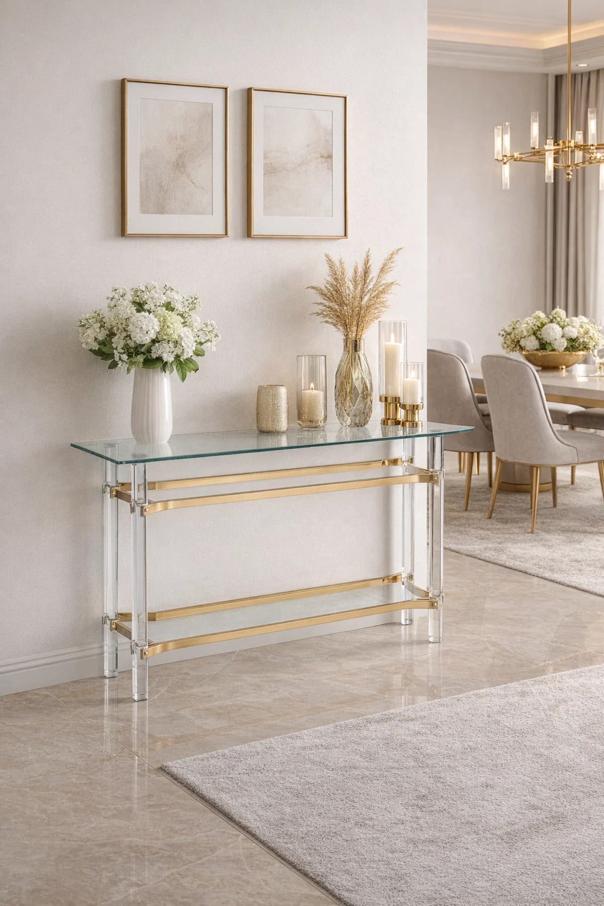 Premium Gold and Acrylic Console Table Modern Glass Top Entryway Furniture Stylish Hallway Stand