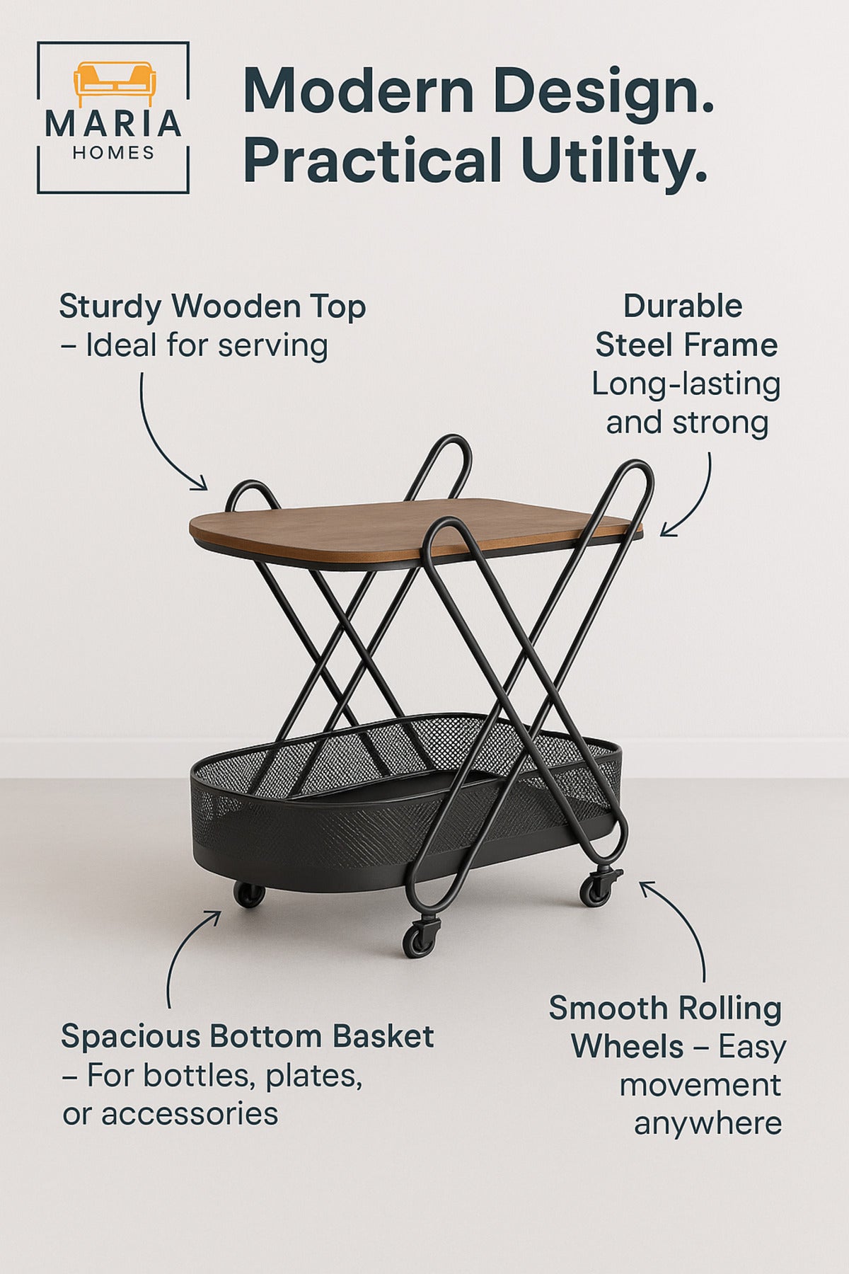 Brown Wooden Serving Trolley with Black Metal Frame Ð Modern Bar & Tea Cart with Wheels 70_44_85 cm