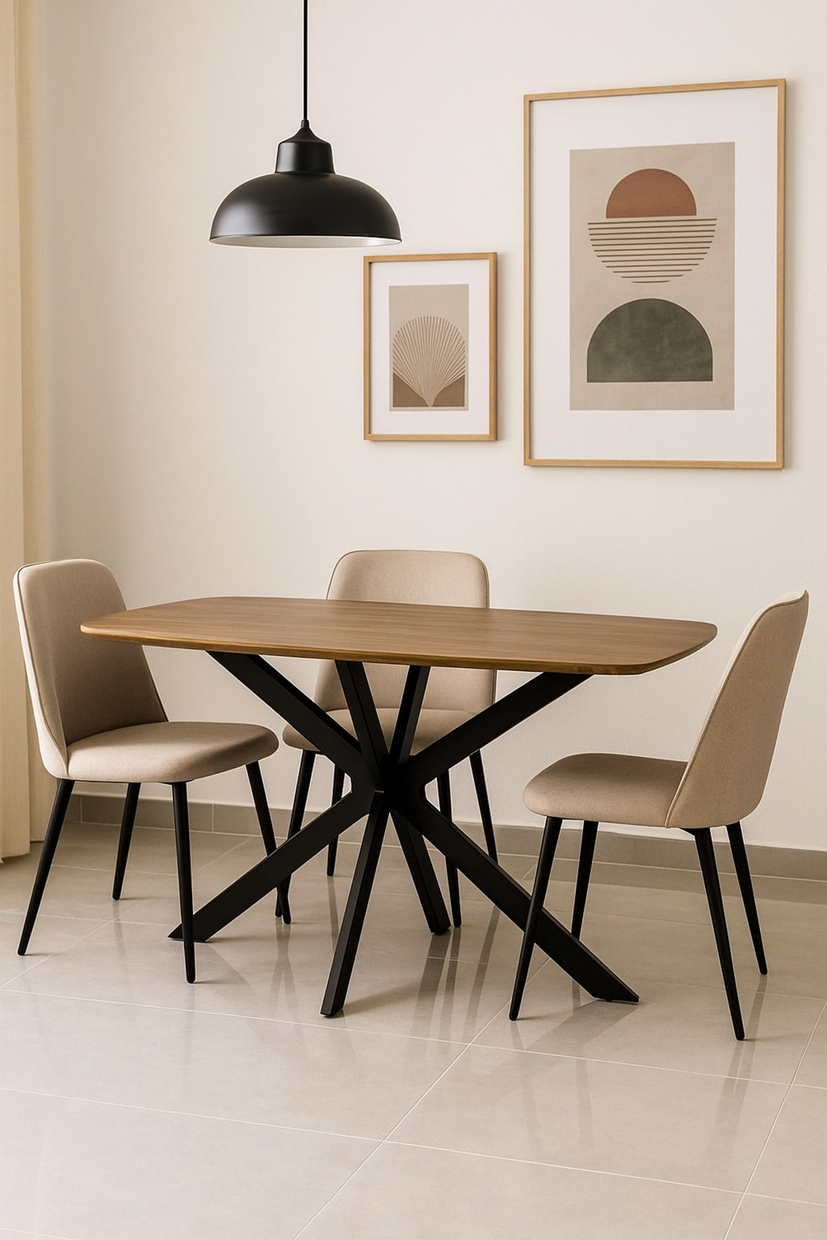 Modern Dining Table Ð 150_90_75 cm | Wooden Top Table with Black Metal Cross Legs