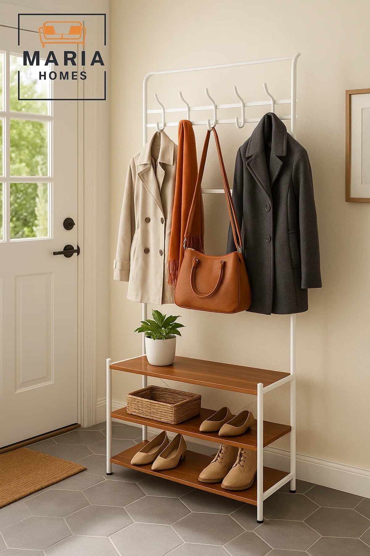 White Coat Rack with 12 Hooks & 3-Tier Shoe Shelf √ê 190x79x30 cm