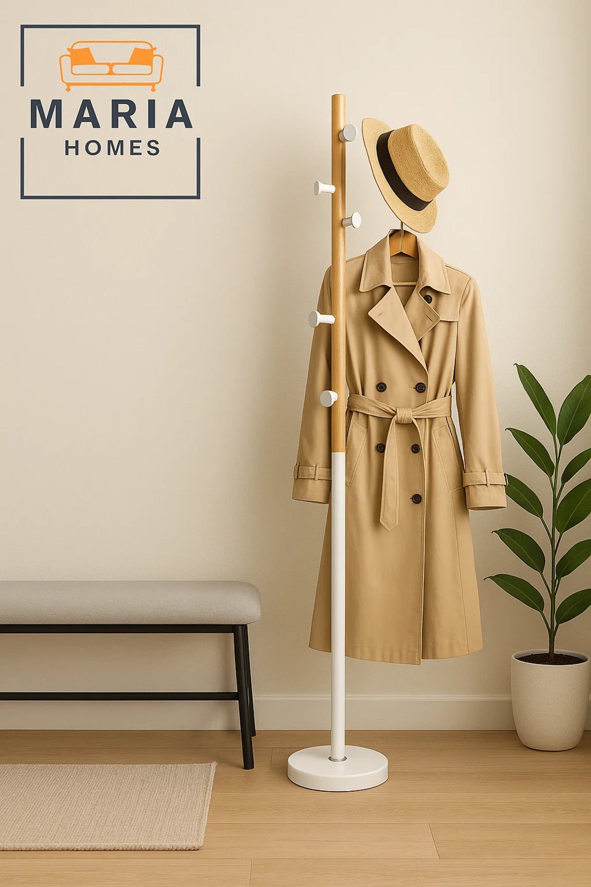Slim Wooden Coat Rack with White Metal Base and Side Pegs