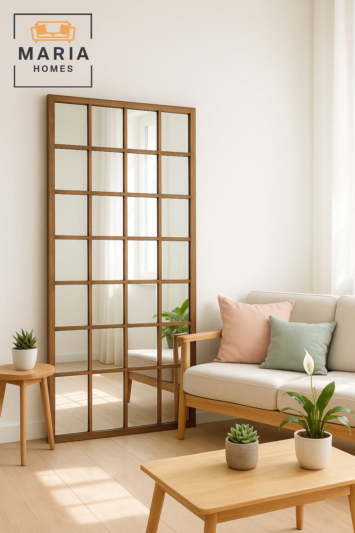 Natural Wooden Frame Wall Mirror with Grid Design Ð Decorative Full-Length Mirror (180_80 cm)
