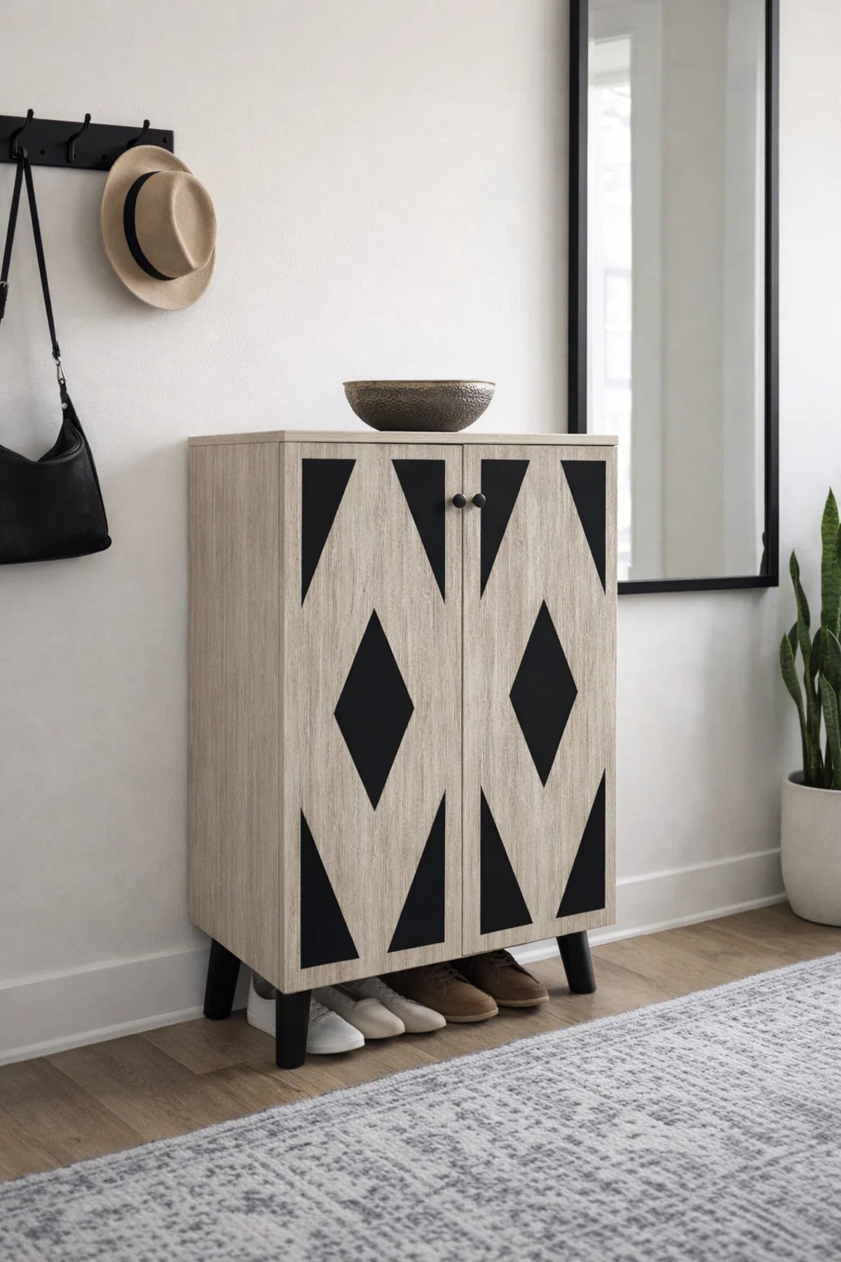 Stylish Beige Shoe Cabinet with Black Geometric Design Double Door Entrance Organizer Storage Stand
