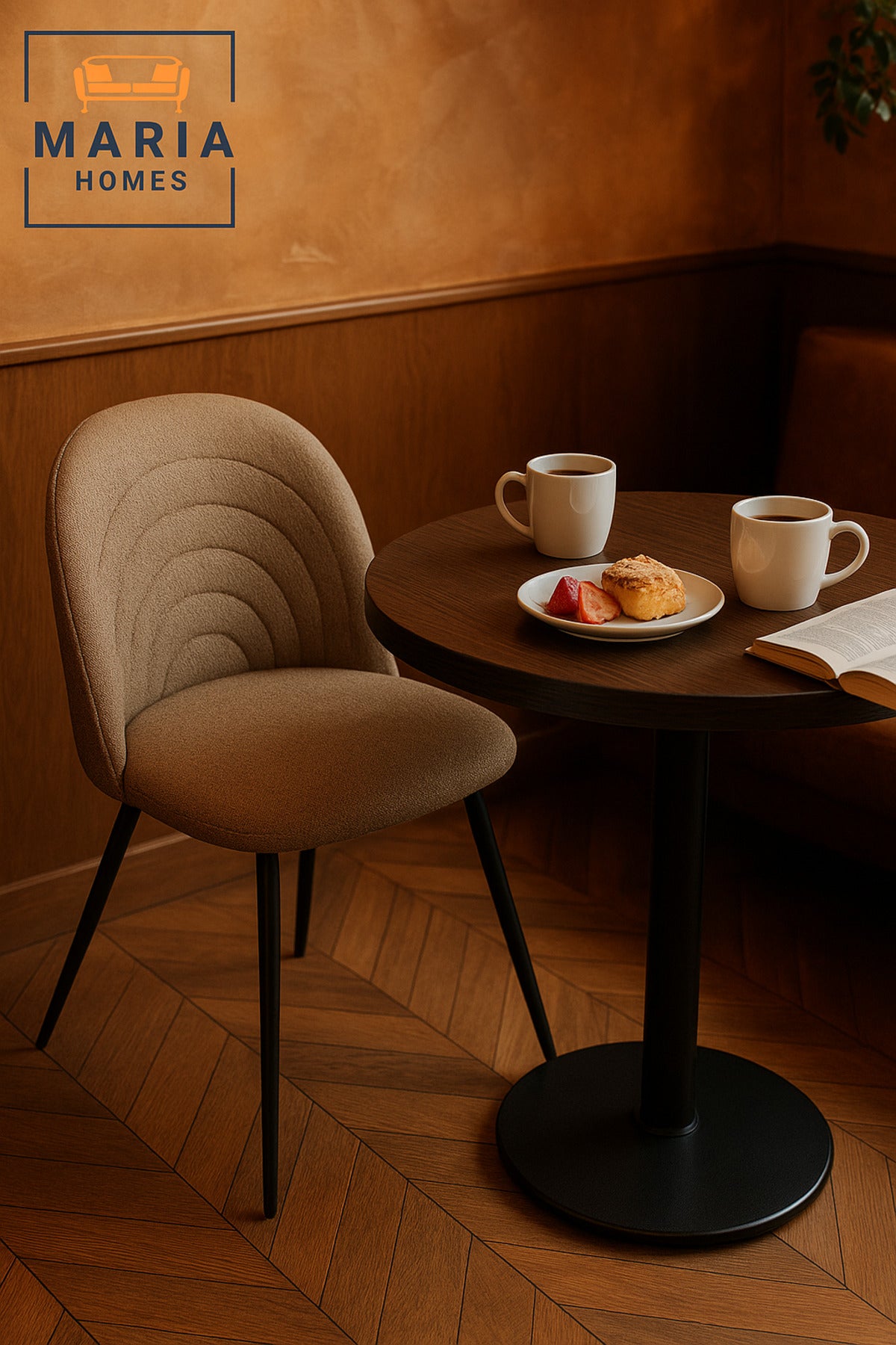 Beige Upholstered Dining Chair Ð Modern Sandy Fabric Seat with Black Metal Legs