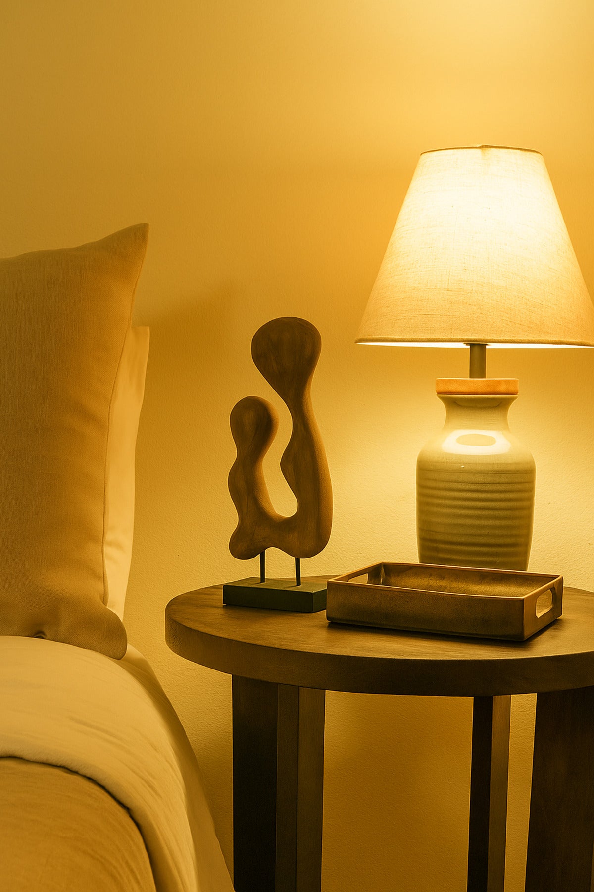 Walnut and Black Wooden Abstract Freeform Sculpture on Stand Ð Modern Artistic Accent