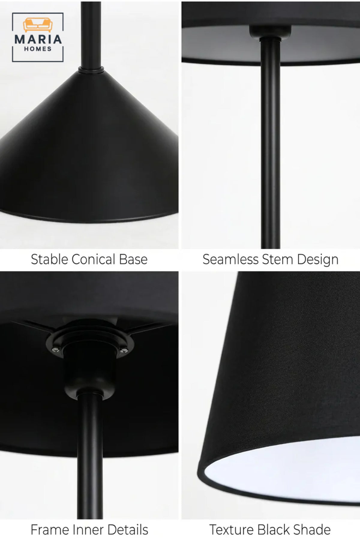 Modern Black Floor Lamp with Fabric Shade and Sculptural Flared Base, Freestanding Standing Light for Living Room, Bedroom, Reading Corner and Office