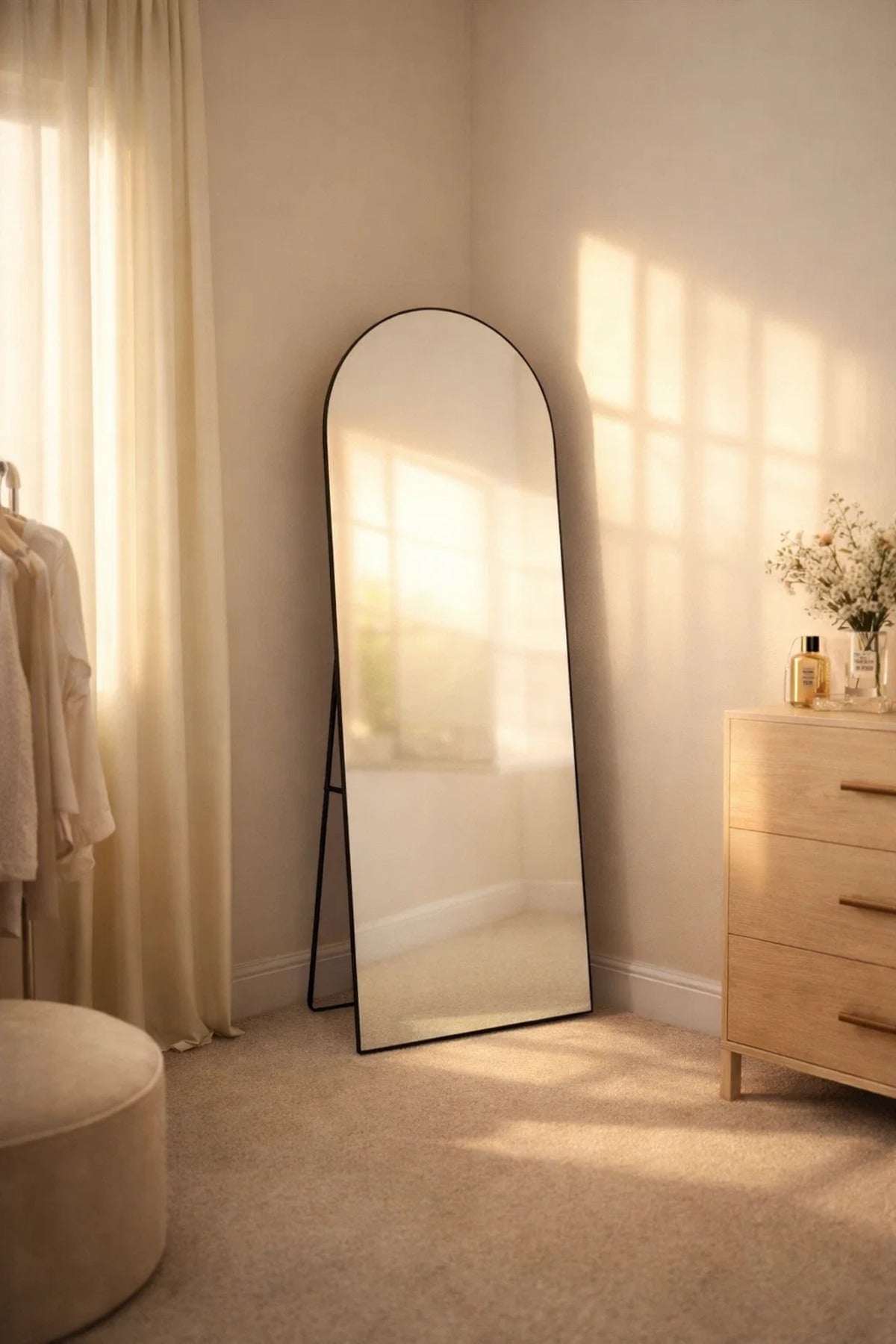 Furniture Black Arched Floor Mirror 160x50cm Modern Full Length Standing Mirror for Home