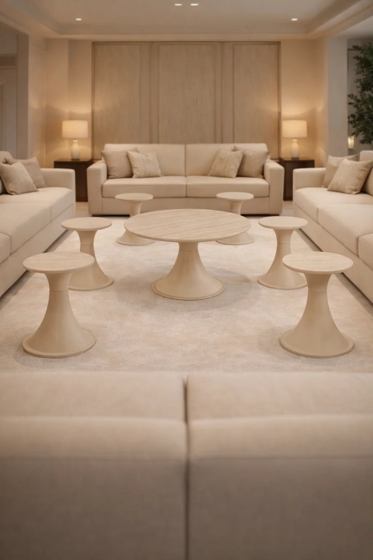 Modern Beige Round Coffee Table Set 1+6 7 Piece Cone Base Living Room Set