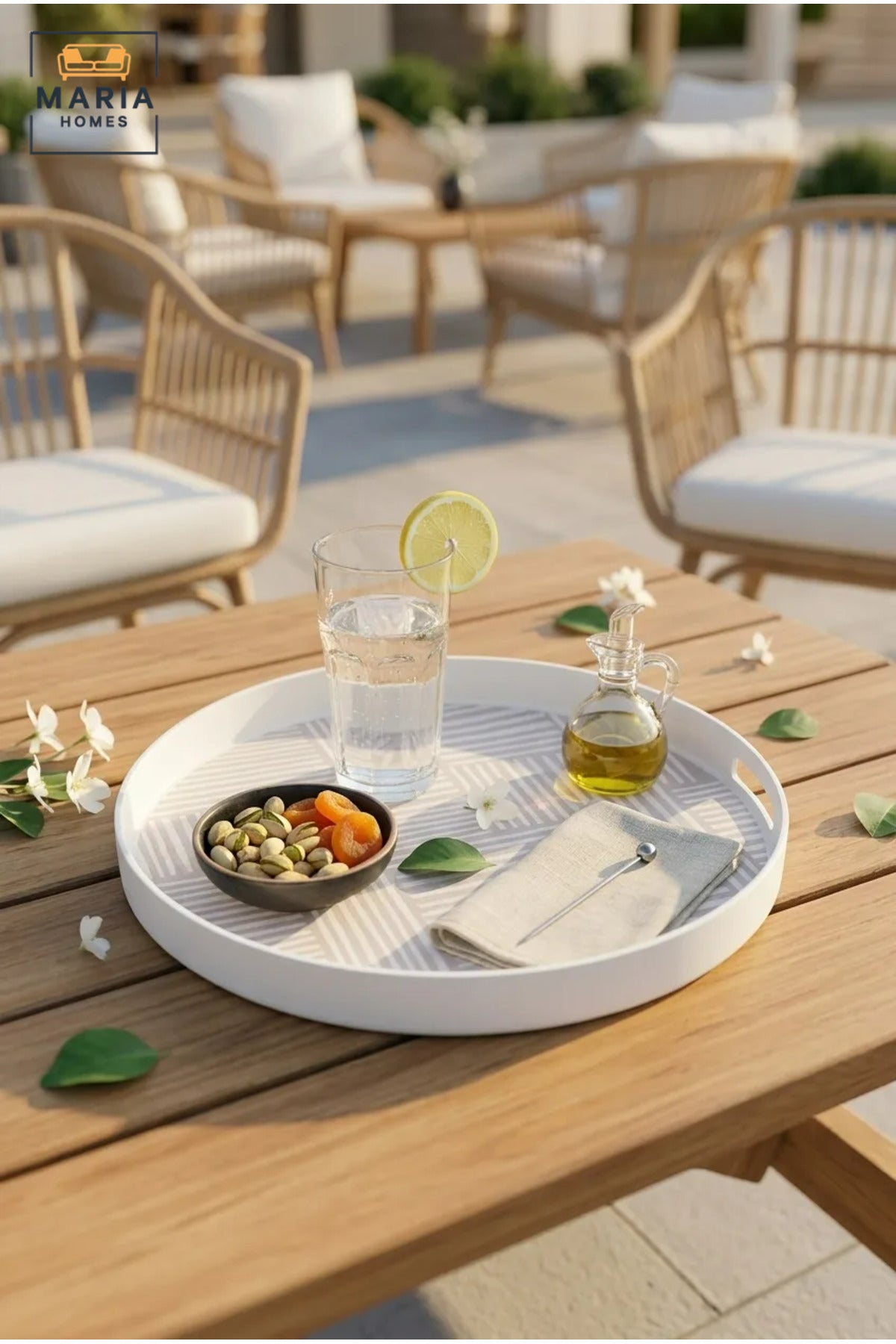 Round Serving Tray with Raised Rim and Textured Base, Multipurpose Drinks and Food Tray for Kitchen, Dining Table, Café, Patio and Garden